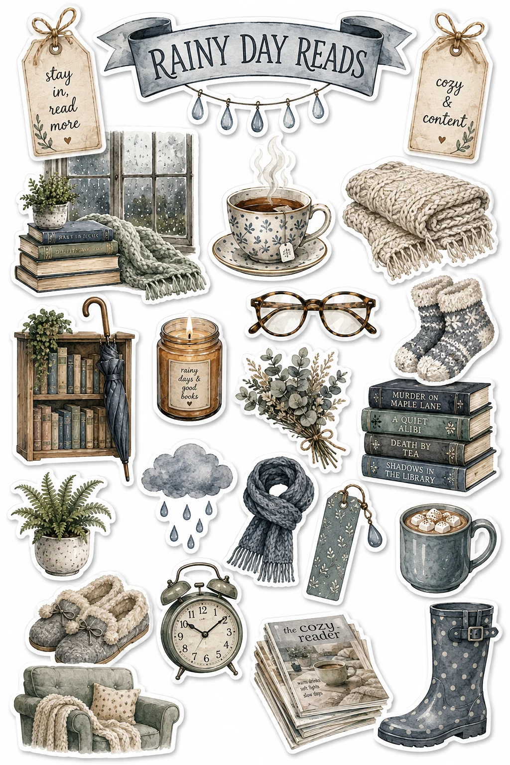 Rainy Day Reads Umbrella Window Mug Sheet featuring reading nooks, vintage books, library aesthetic, and bookshop culture.