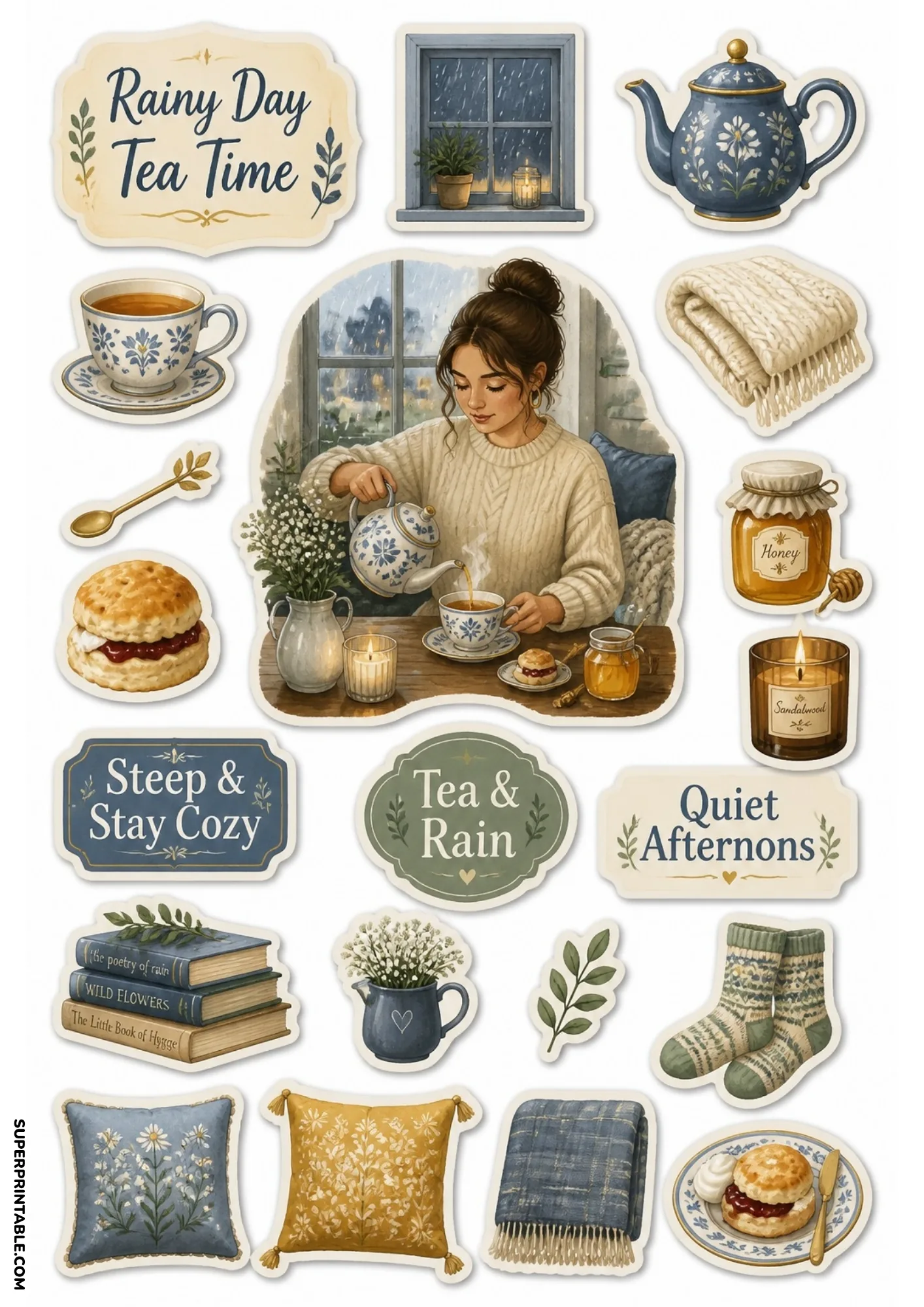 Warm tea time stickers depicting a woman pouring hot tea from a floral teapot with scones and honey.