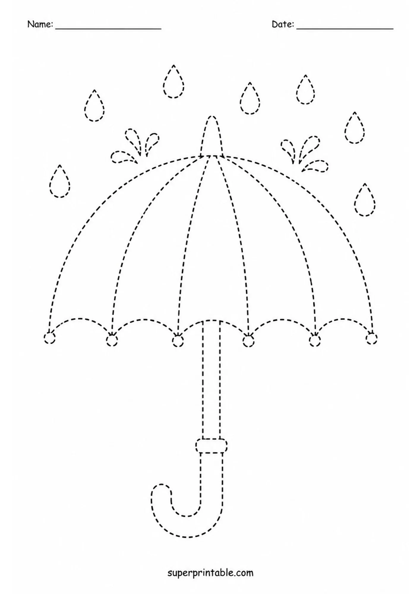 Black and white tracing worksheet showing rain dripping onto an open umbrella with splash droplets in dashed lines.