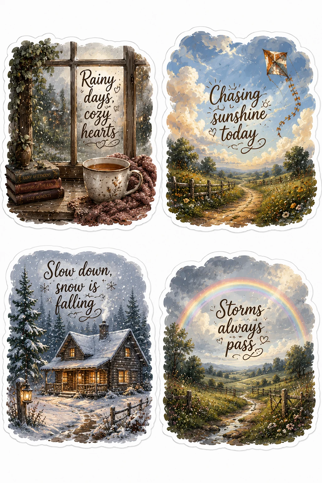 Rainy Days Cozy Hearts Chasing Sunshine Sheet featuring scenic nature landscapes, peaceful weather aesthetic, seasonal changes, and calm quotes.