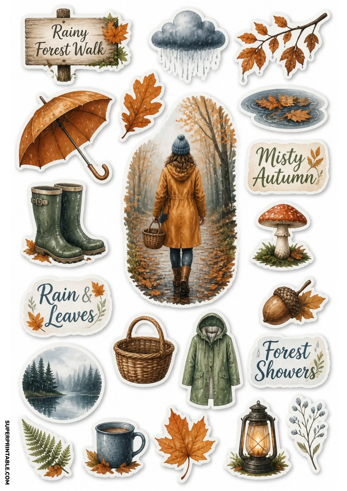 Autumn forest stickers showing a woman in a yellow raincoat walking along a wet autumn path.