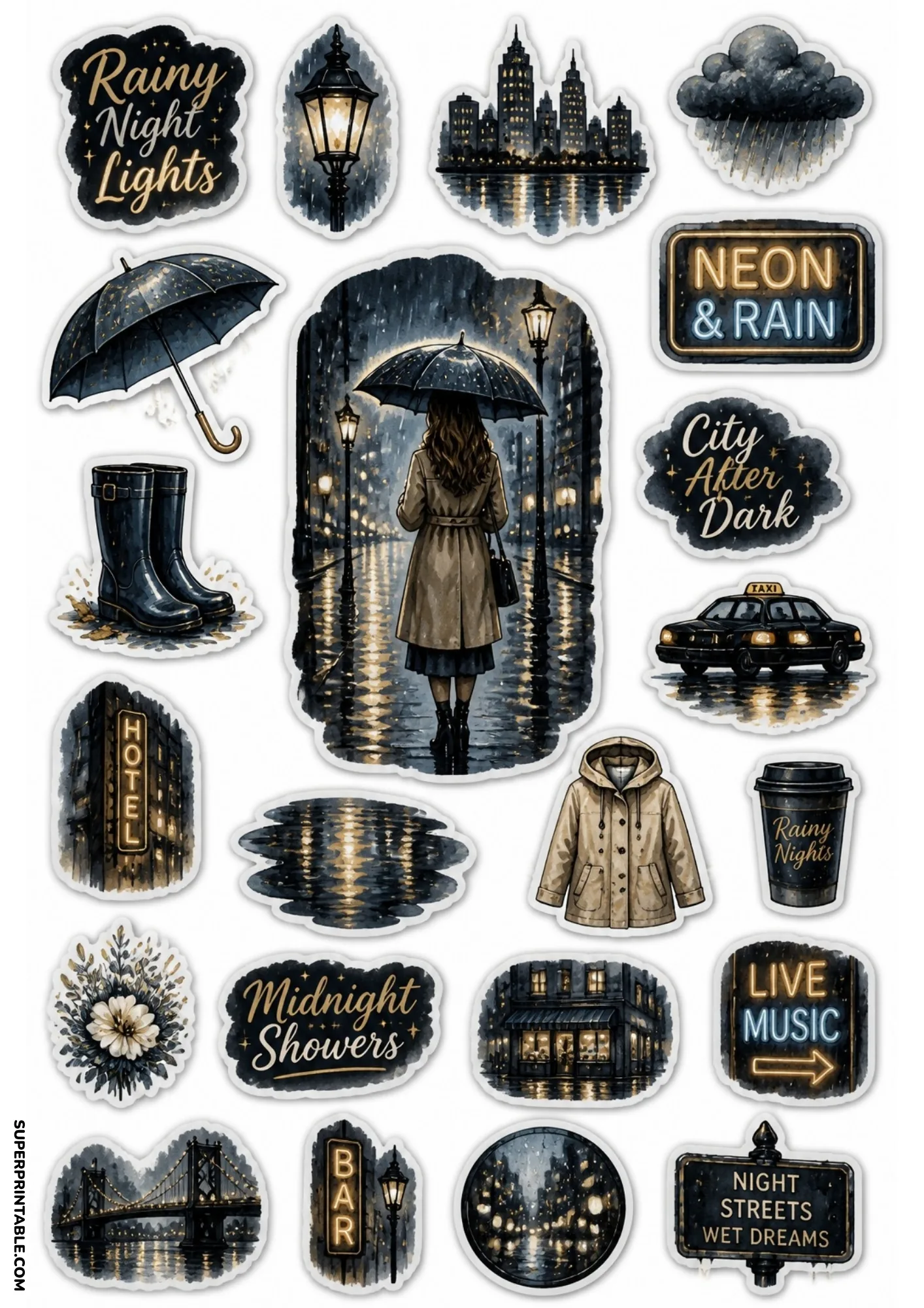 Nighttime city rain stickers showing a woman walking under an umbrella past glowing neon street signs.