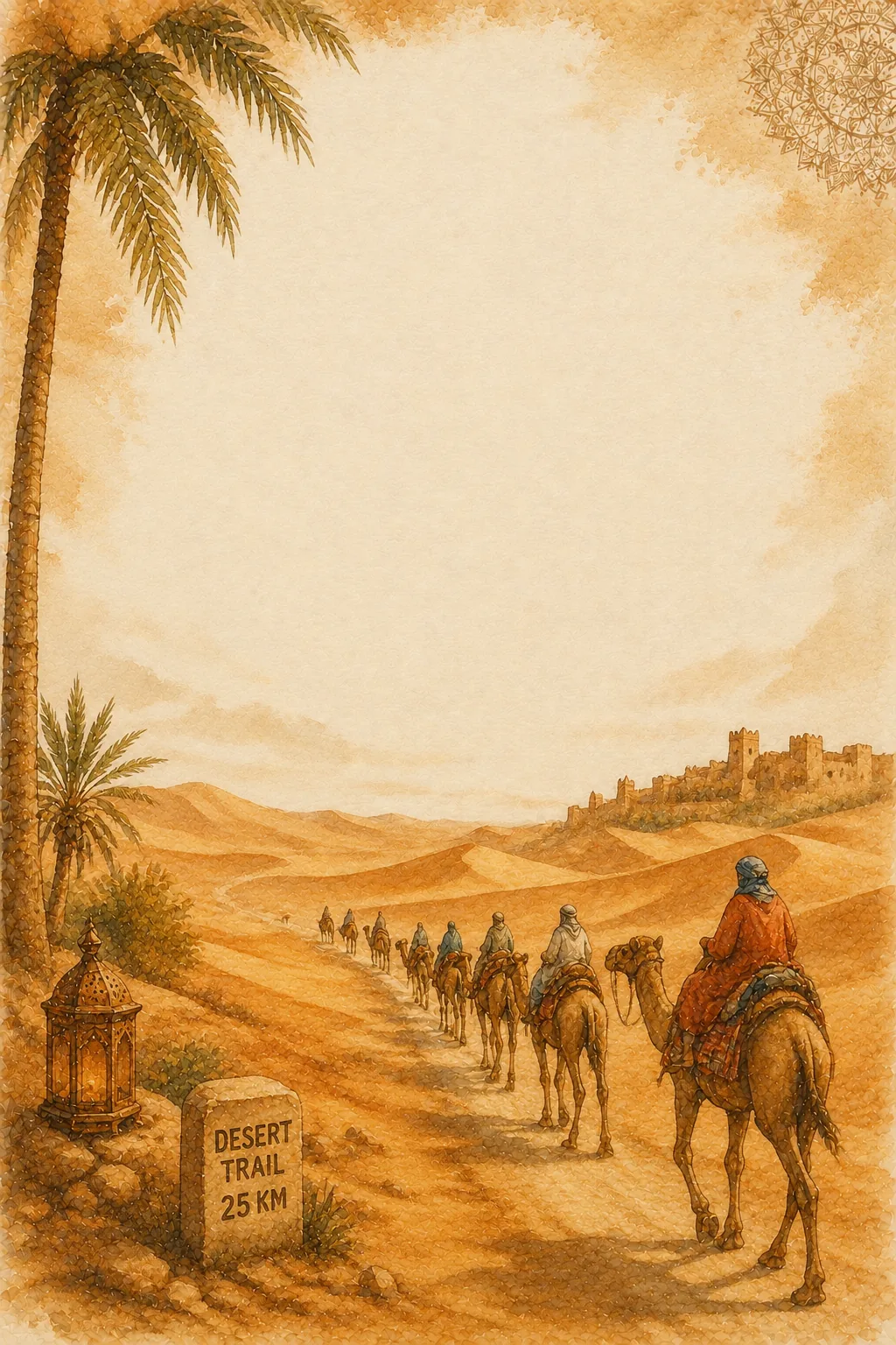 Rajasthan washed border pages showing desert camel caravan heading to distant fort.