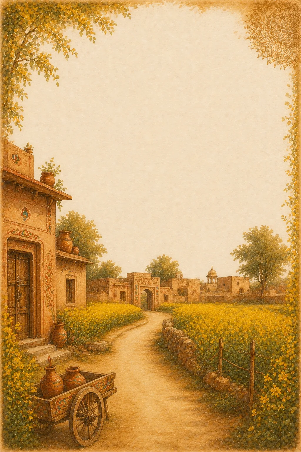 Rustic countryside village path running beside bright yellow mustard fields and mud houses.
