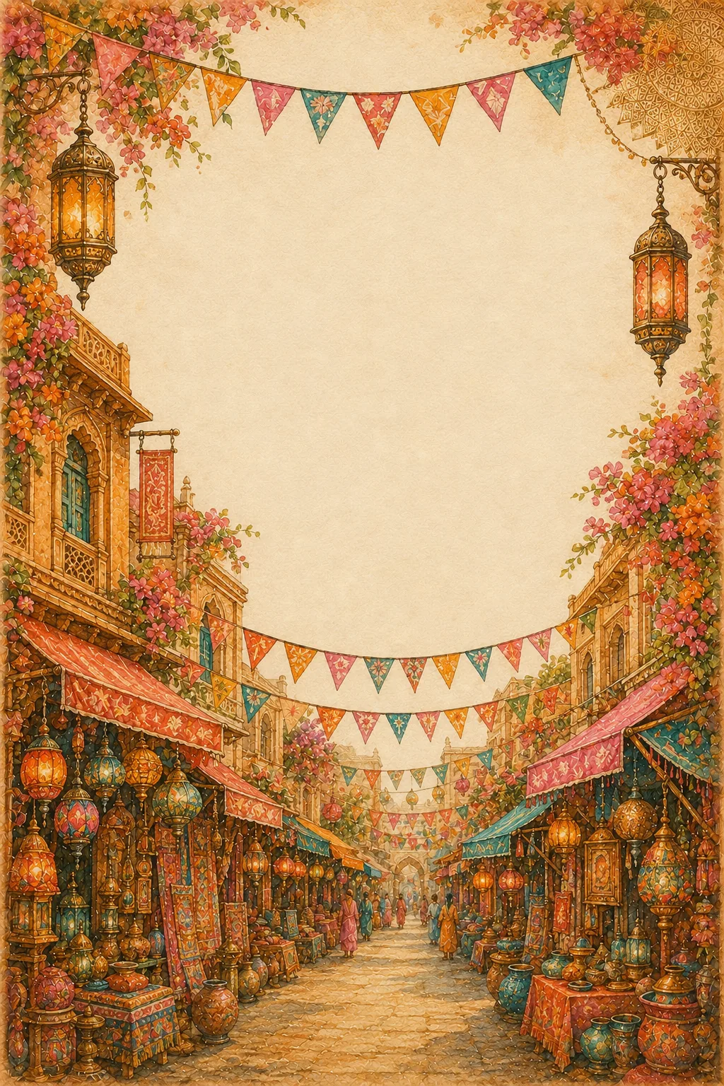 Bazaar street filled with colorful bunting banners, brass lanterns, and shop displays.