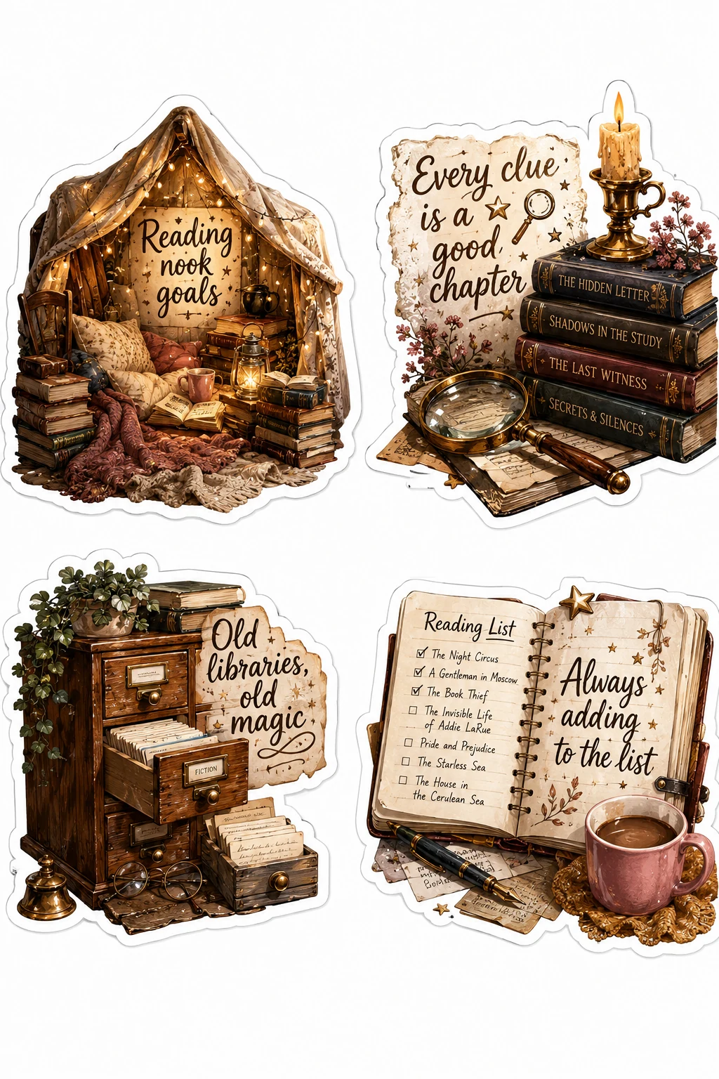 Reading Nook Goals Old Libraries Magic Sheet featuring cozy reading nooks, vintage library books, armchair reading, and bookshop aesthetics.