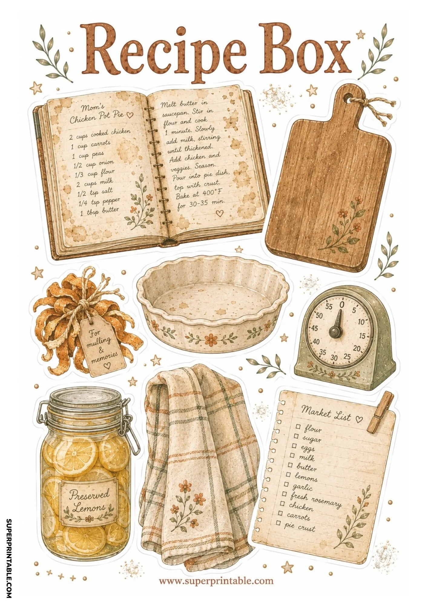 Open recipe book page for chicken pot pie, preserved lemons jar, pie dish, kitchen timer, and Market List.