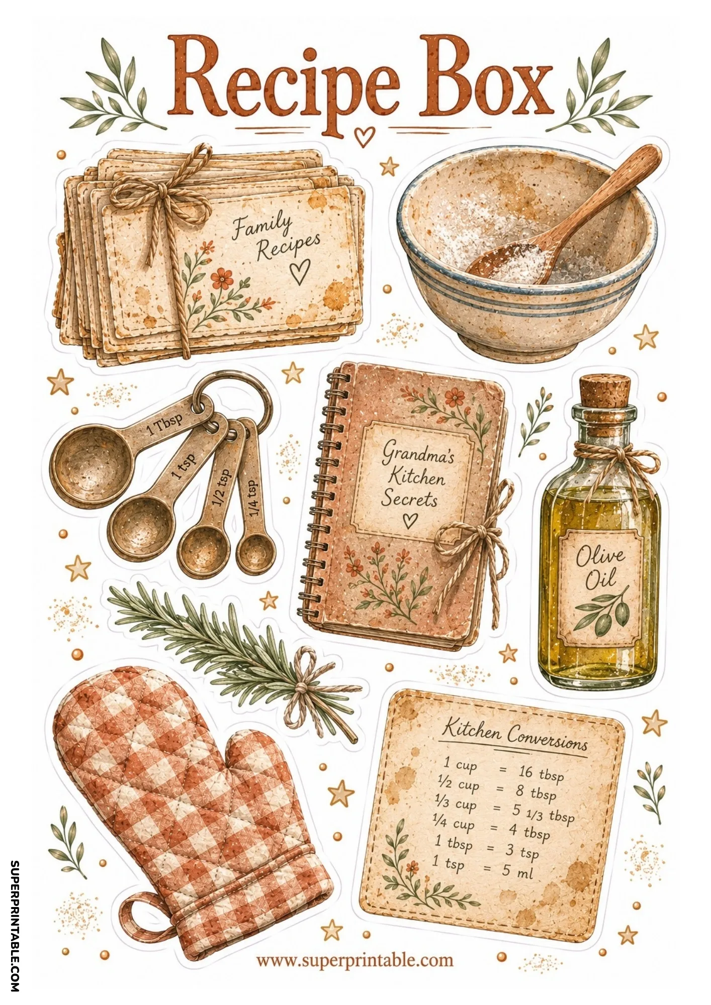 Grandma's Kitchen Secrets notebook with tied recipe cards, olive oil bottle, measuring spoons, and oven mitt.