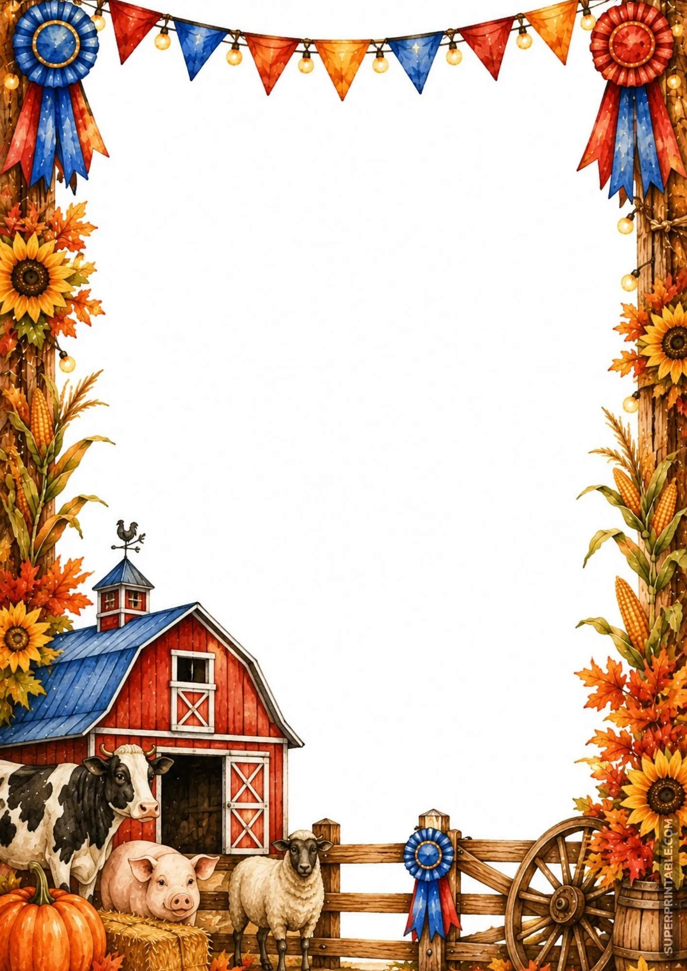 Farm animal border with a red barn, dairy cow, pig, sheep, and wooden wagon wheel under string lights.