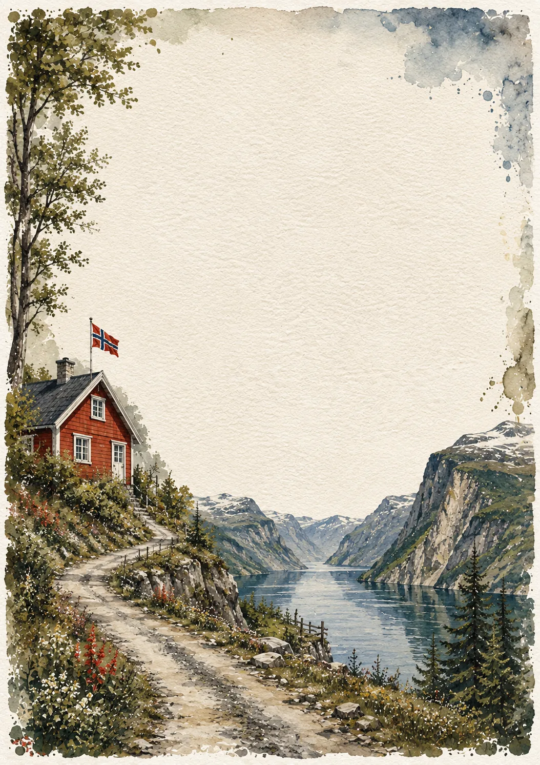 Watercolor stationery page border depicting a red cottage on a cliff path overlooking a quiet fjord.