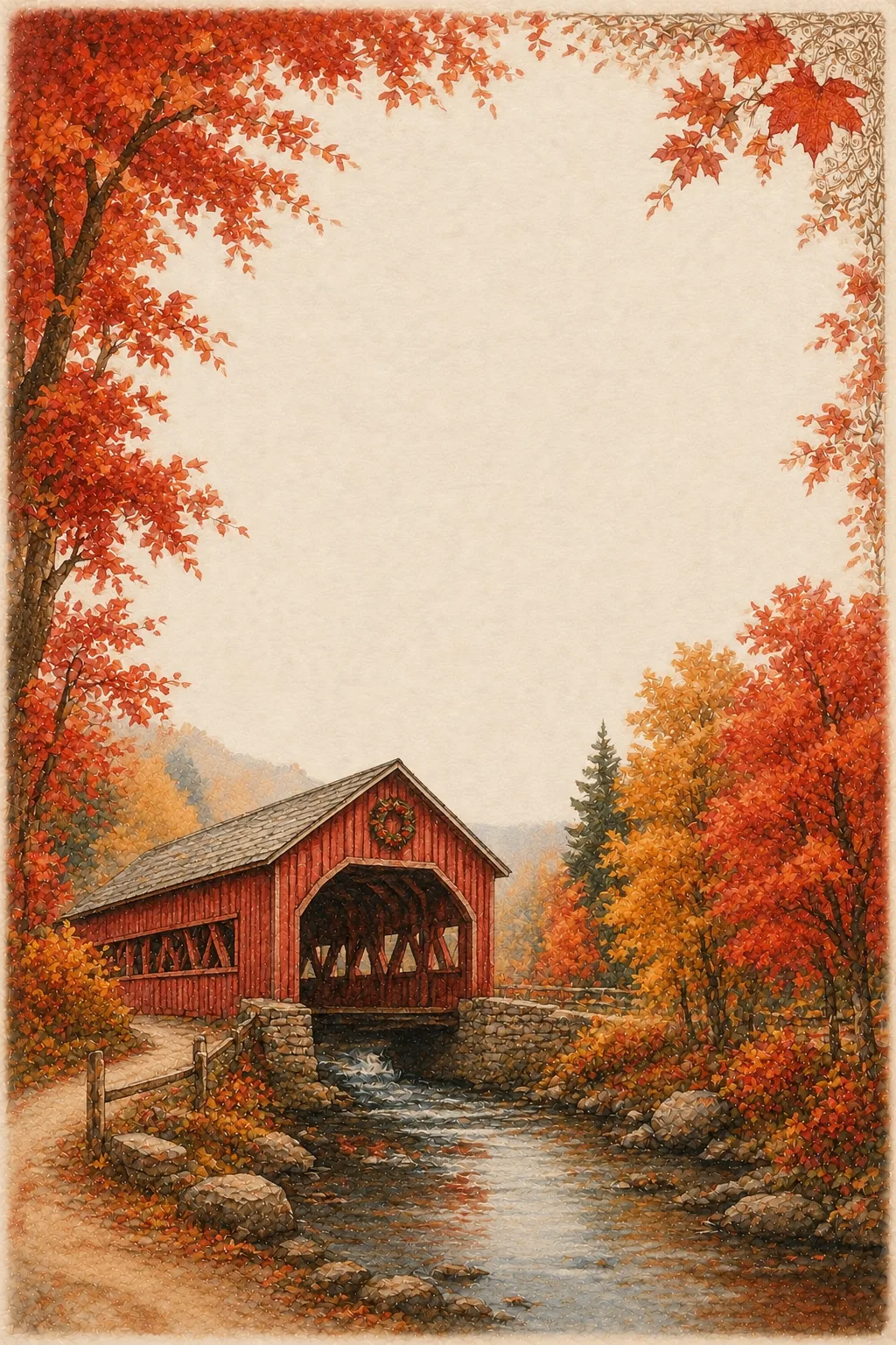 Decorative stationery page with a classic red covered bridge surrounded by vibrant red fall leaves.