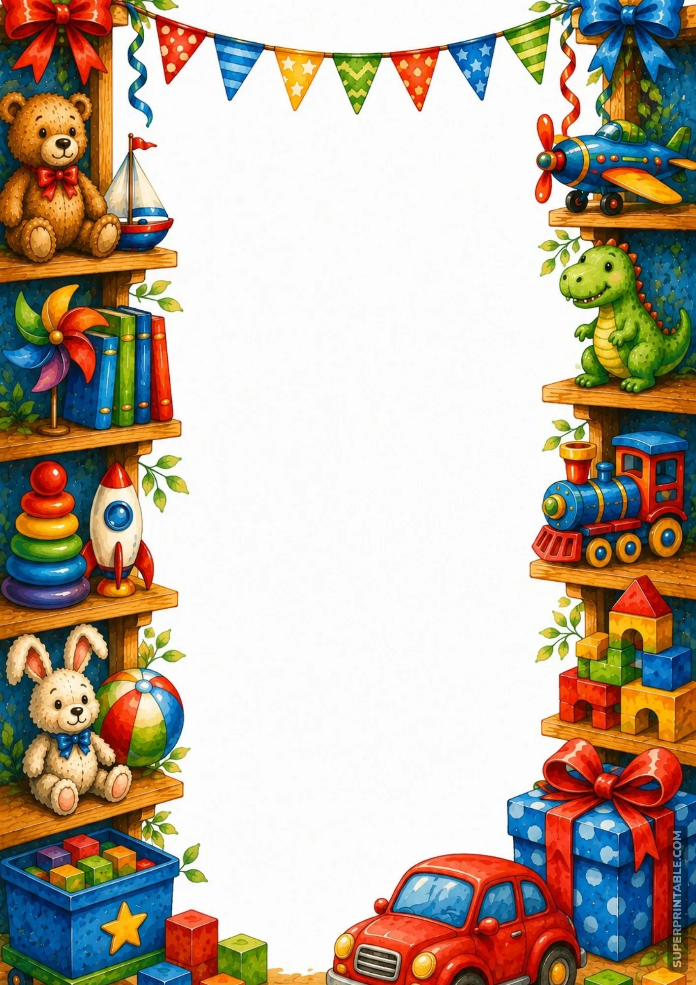Decorative border layout featuring a red vintage toy car next to a large present box.