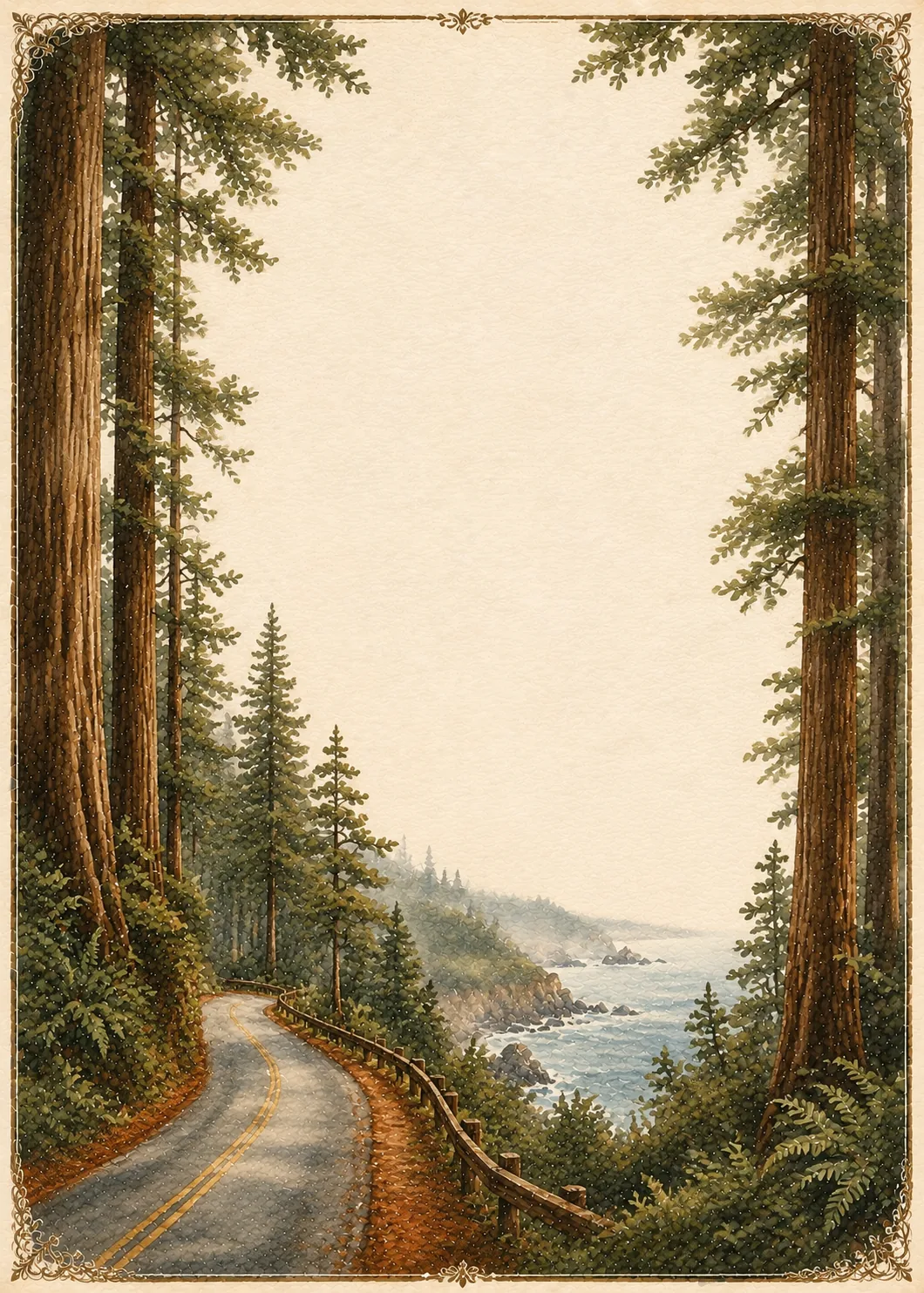 Tall evergreen trees bordering a winding scenic road leading toward misty ocean shores.