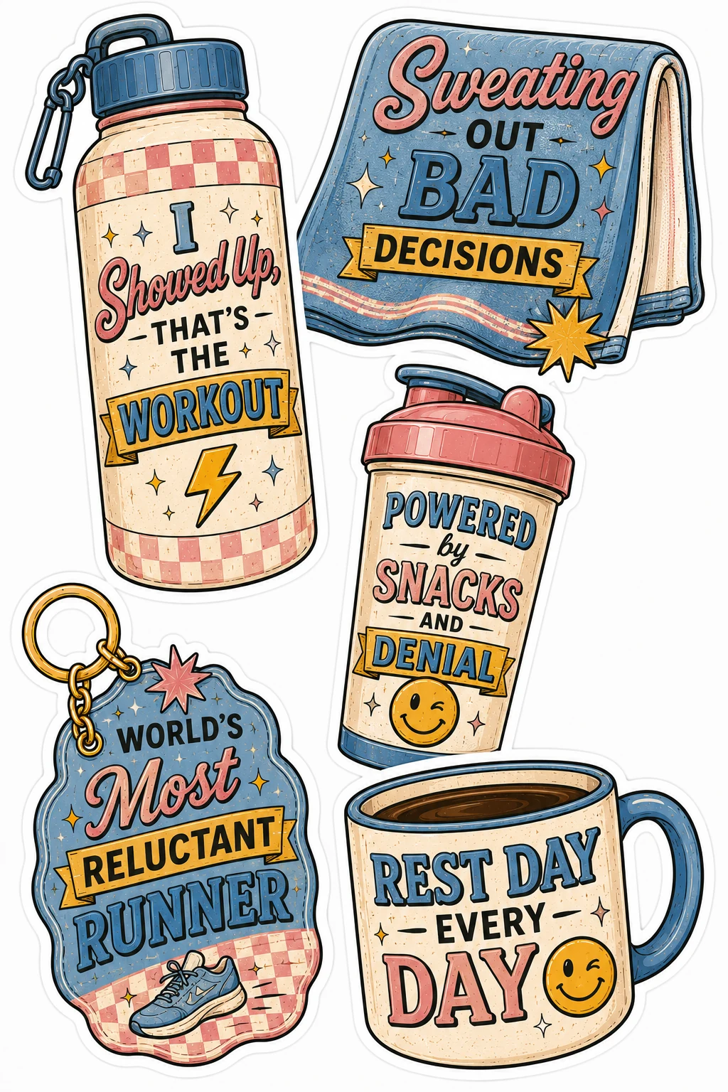 Reluctant Runner Sweating Bad Decisions Sheet featuring funny gym humor, reluctant runner quotes, fitness gear, and rest day laughs.