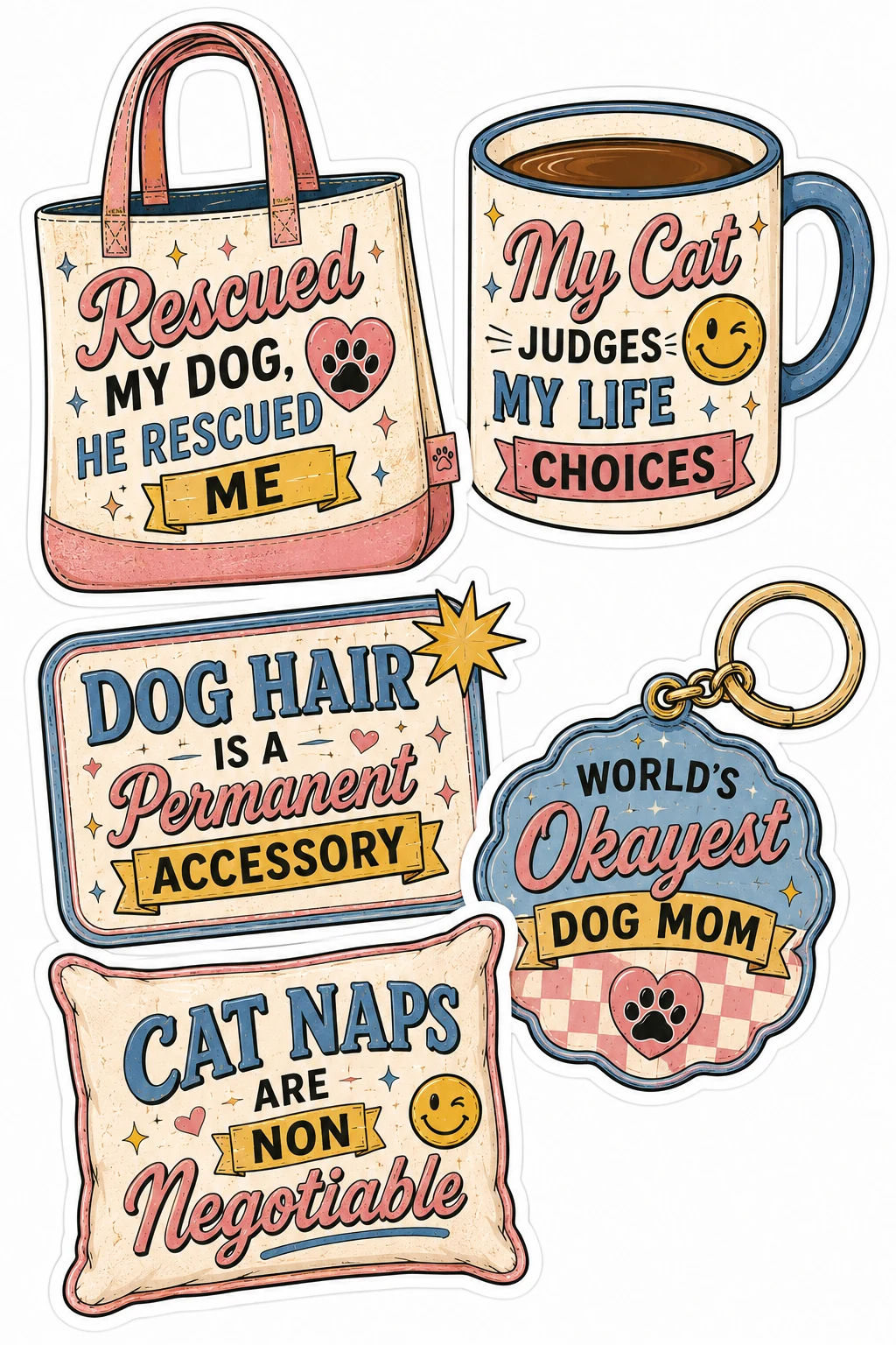 Rescued My Dog Cat Judges Choices Mug Sheet featuring funny cat & dog parent life, pet owner humor, daily pet life quotes, and accessories.