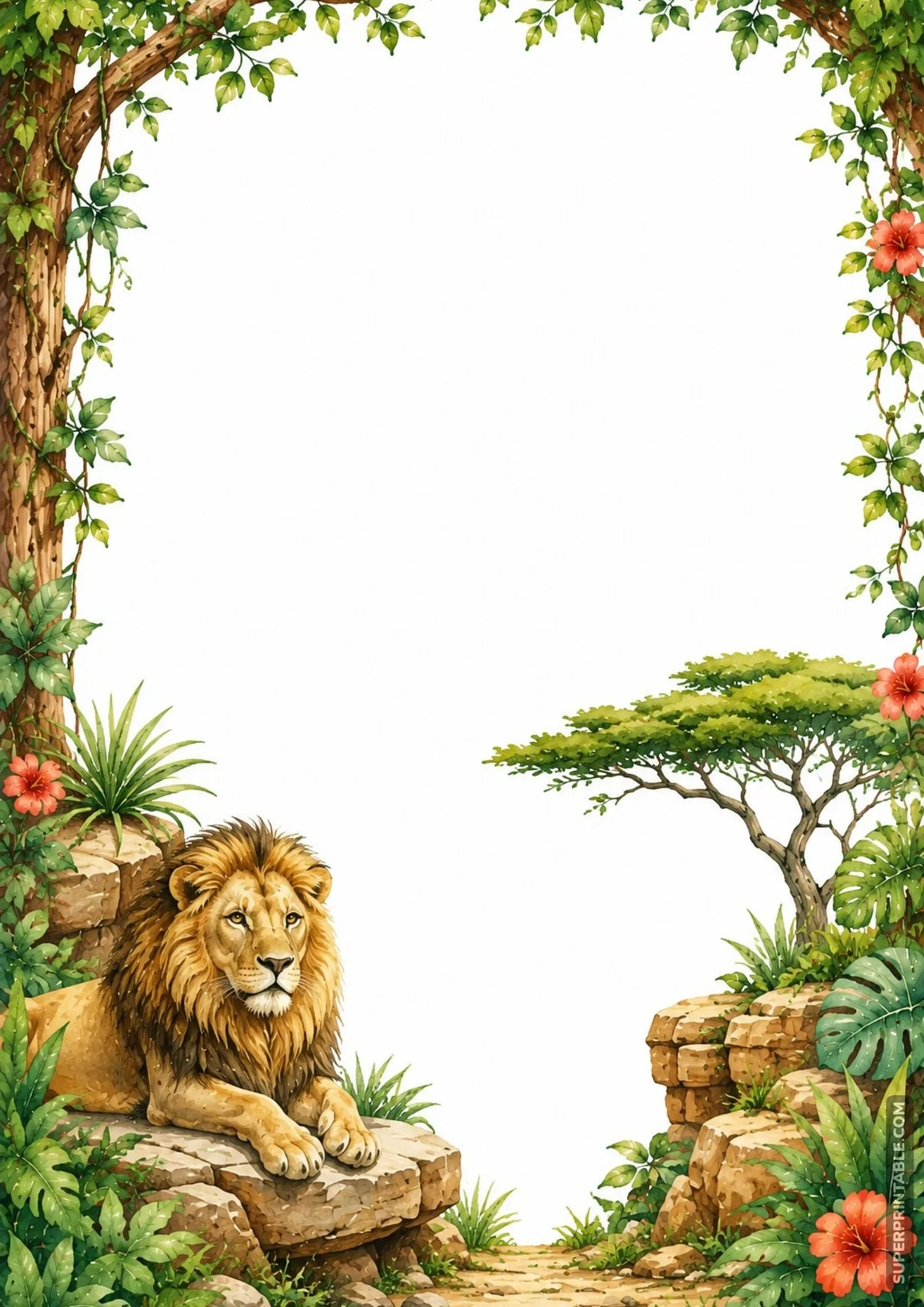 Proud male lion with full mane resting on a rock ledge in a savanna border with leafy vines.