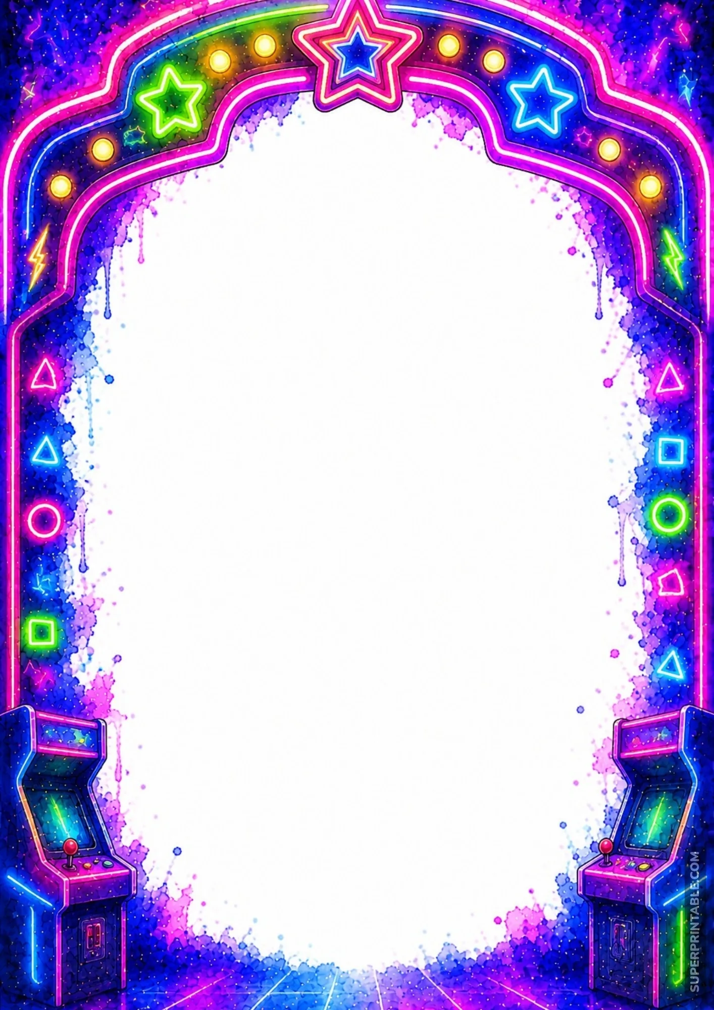 Vibrant arcade colored border pages featuring a glowing neon marquee arch and retro arcade cabinets.