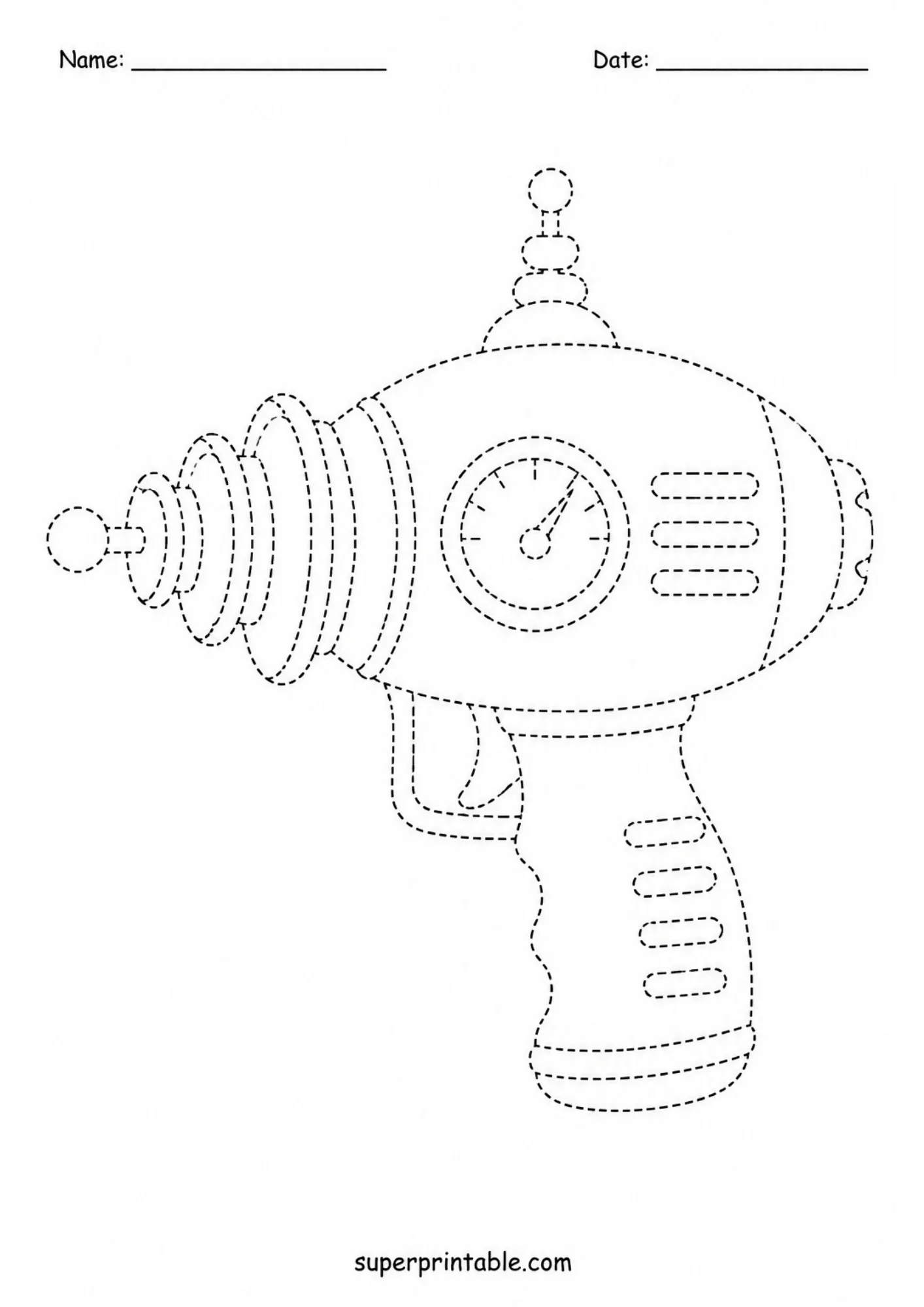 Tracing worksheet of a retro sci-fi ray gun with a gauge dial for fine motor practice.