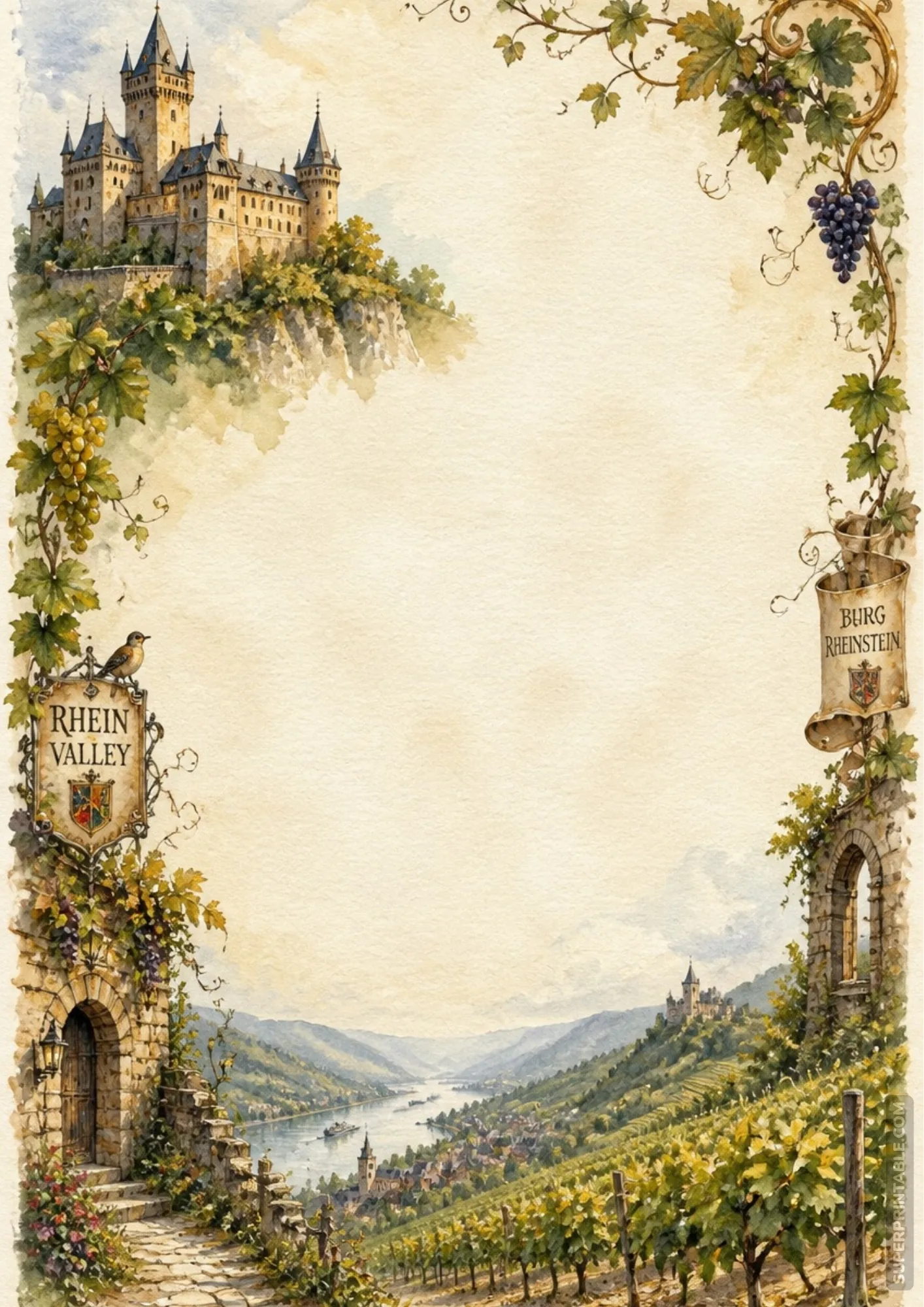 Rhein Valley castle watercolor letter paper bordered by grape vines and stone archway vignettes