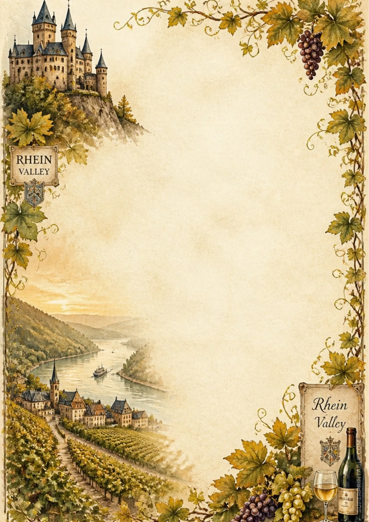 Rhine Valley castle watercolor writing paper featuring river village view and ripe grape vines