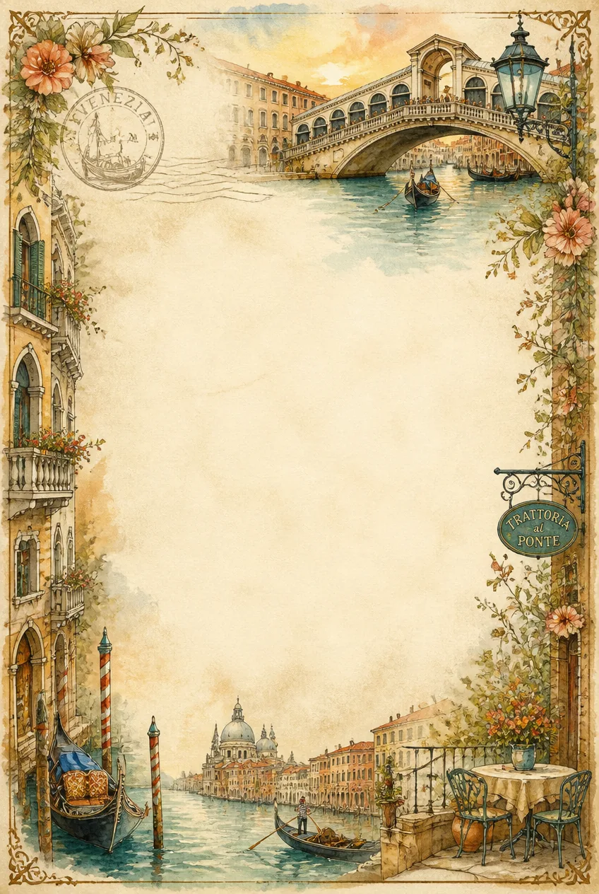 Rialto Bridge and Grand Canal watercolor page border paper with vintage Italian styling.