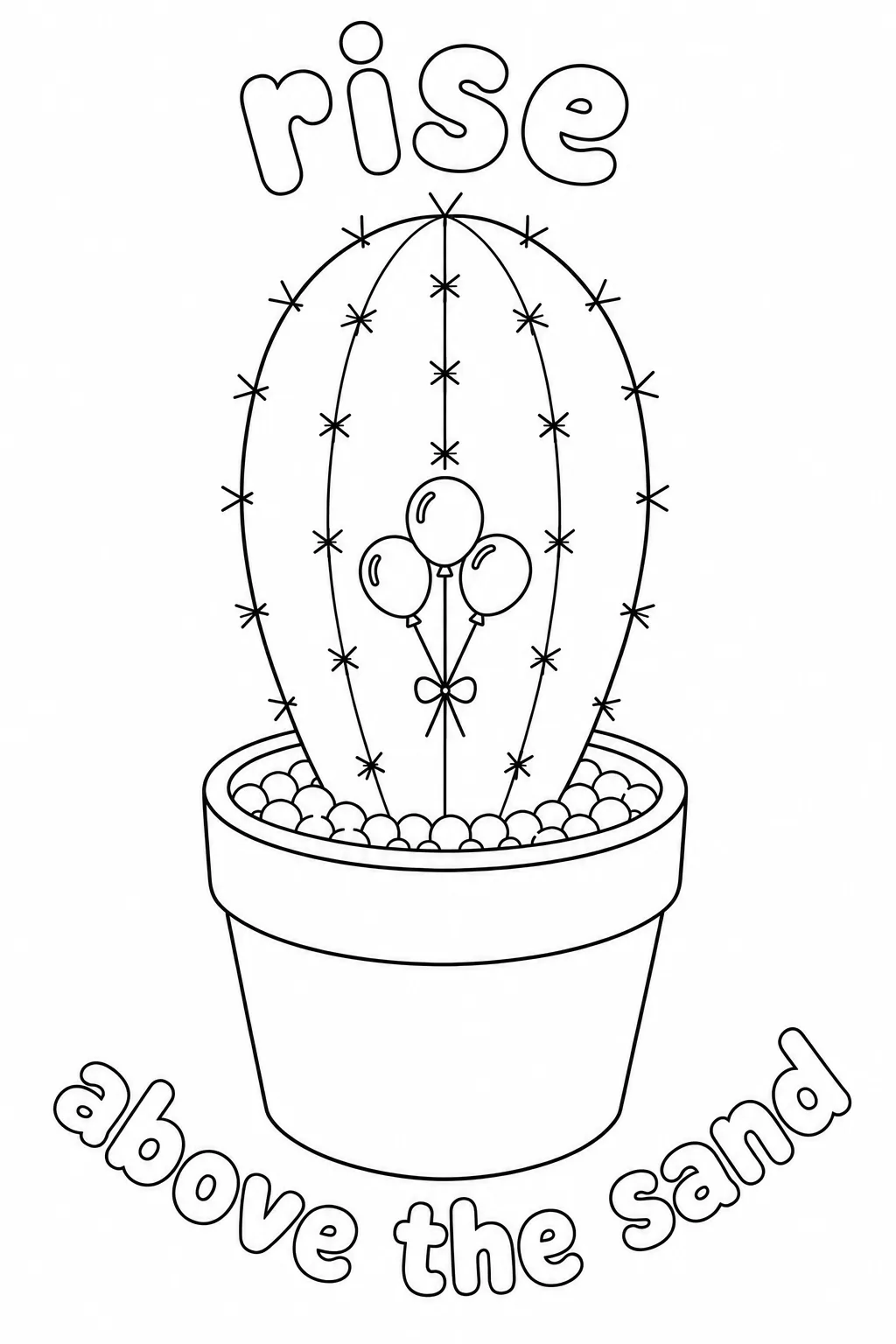 Bunch of tied balloons floating inside a potted cactus.