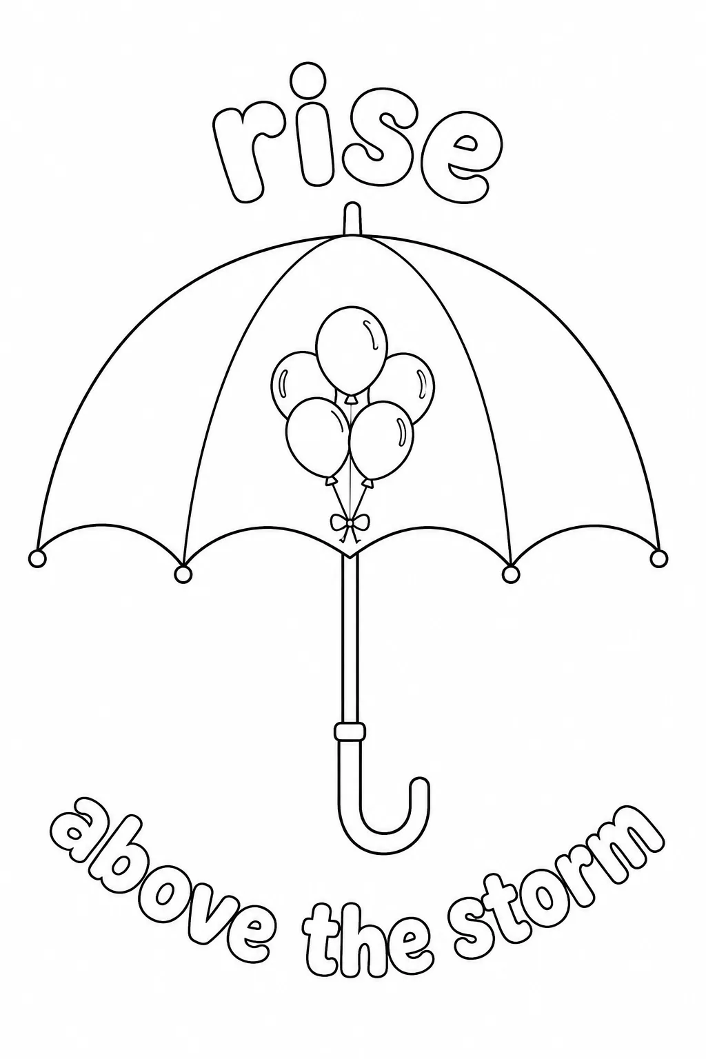 A bunch of balloons inside a parasol with rise above the storm.