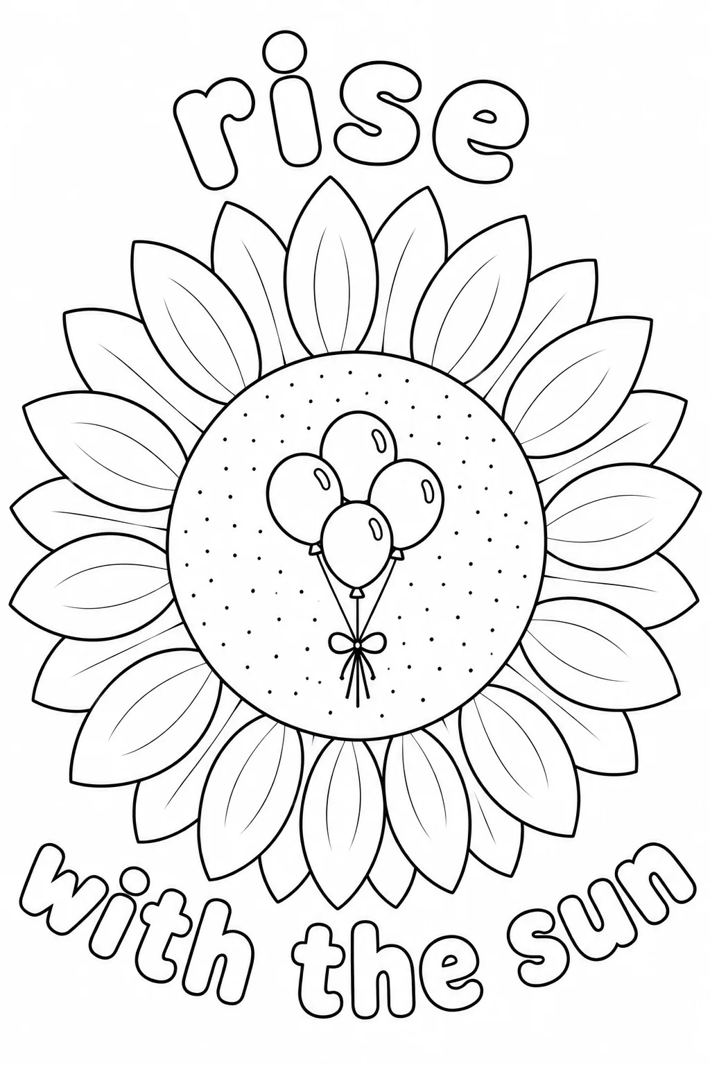 Three tied party balloons inside a sunflower flower head with rise with the sun caption.
