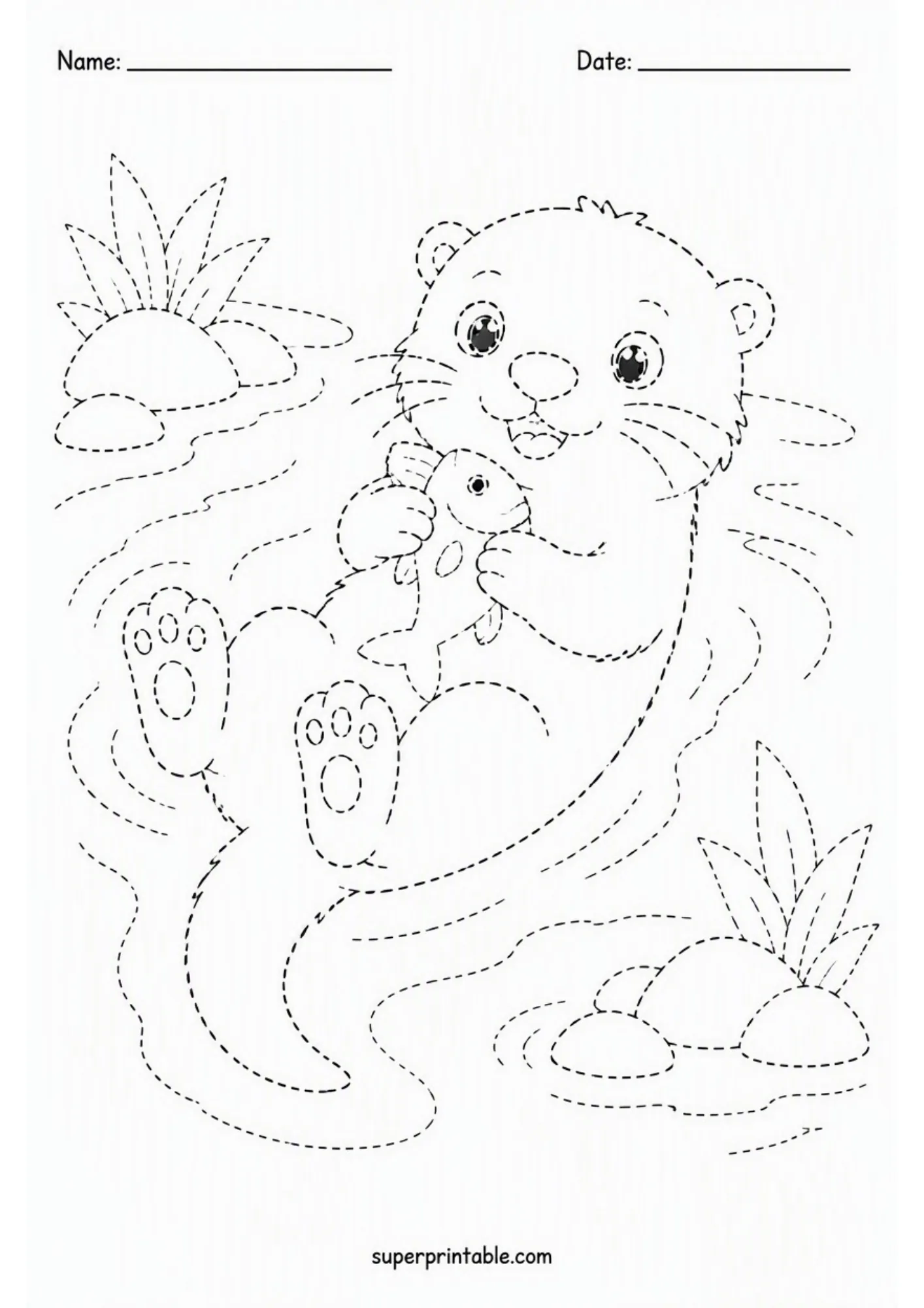 Friendly river otter floating in water while holding a small fish tracing printable page.