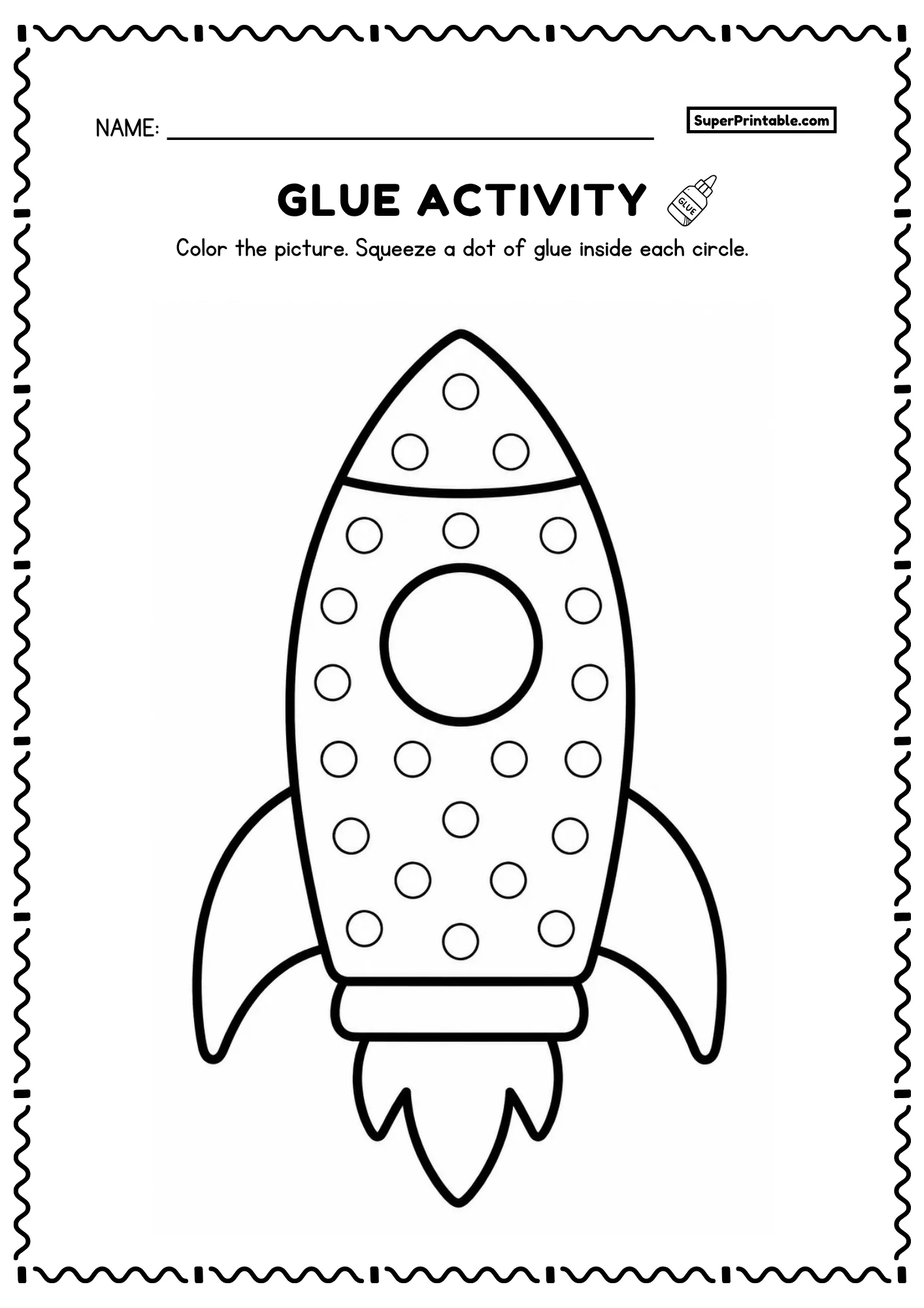 Rocket coloring and glue activity with simple circles, side fins, window, and flame