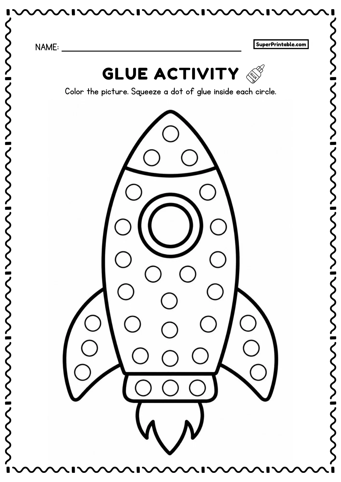 Rocket glue activity worksheet with empty circles for toddlers and preschoolers