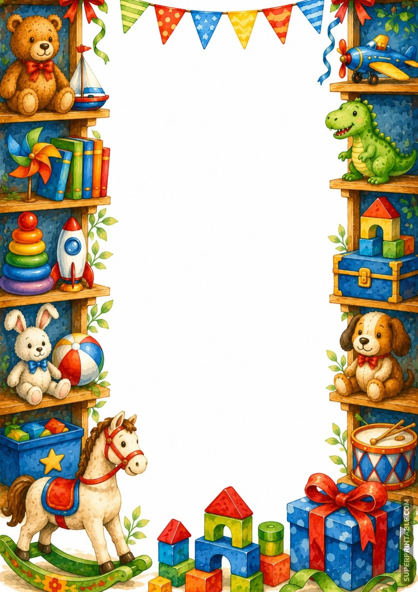Illustration border showcasing a wooden rocking horse and a large blue present box.