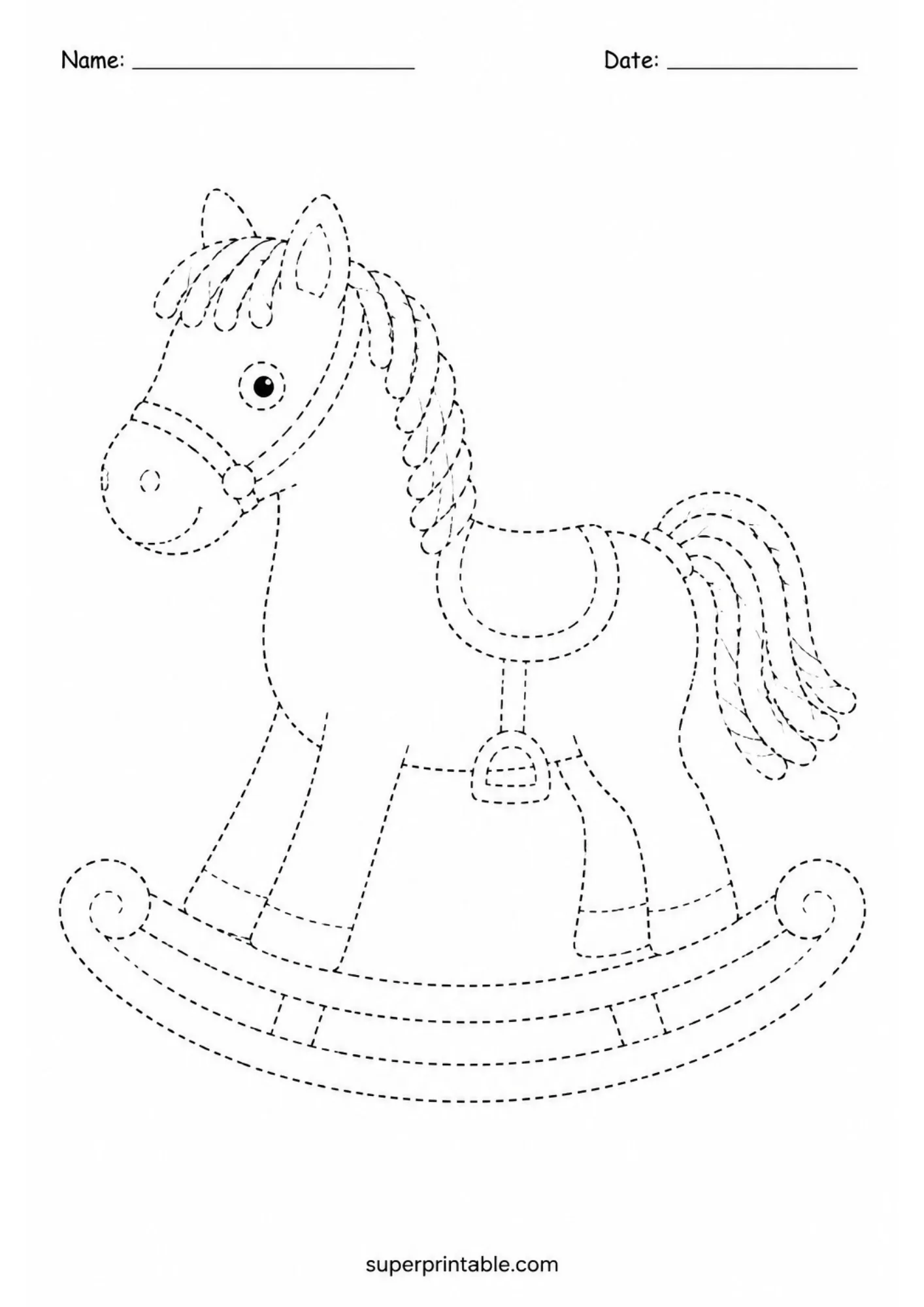 Rocking horse tracing activity with mane, saddle, tail, stirrup, and curved wooden rocker