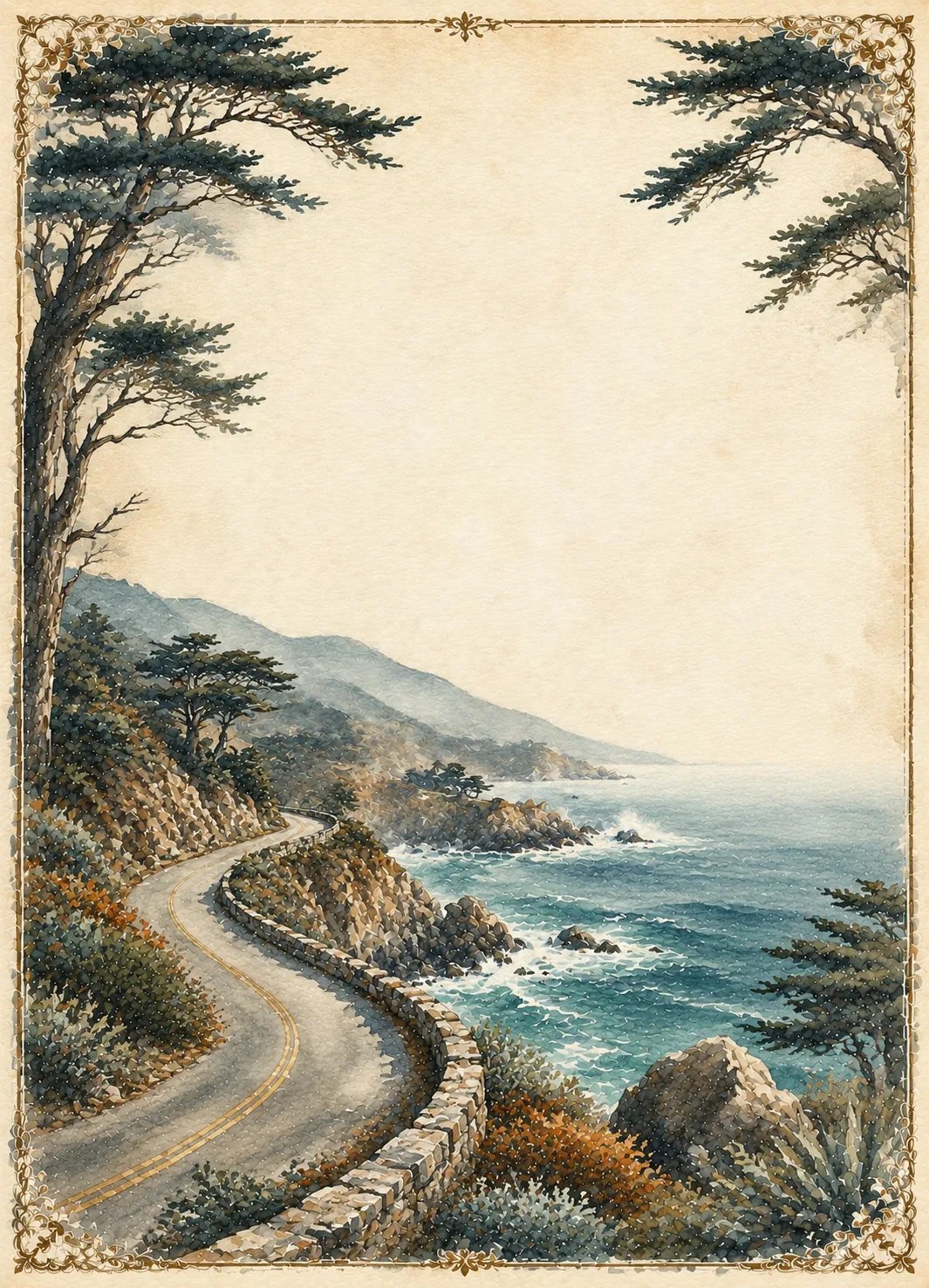Curving coastal highway hugging rocky shorelines with crashing turquoise waves and pine tree borders.