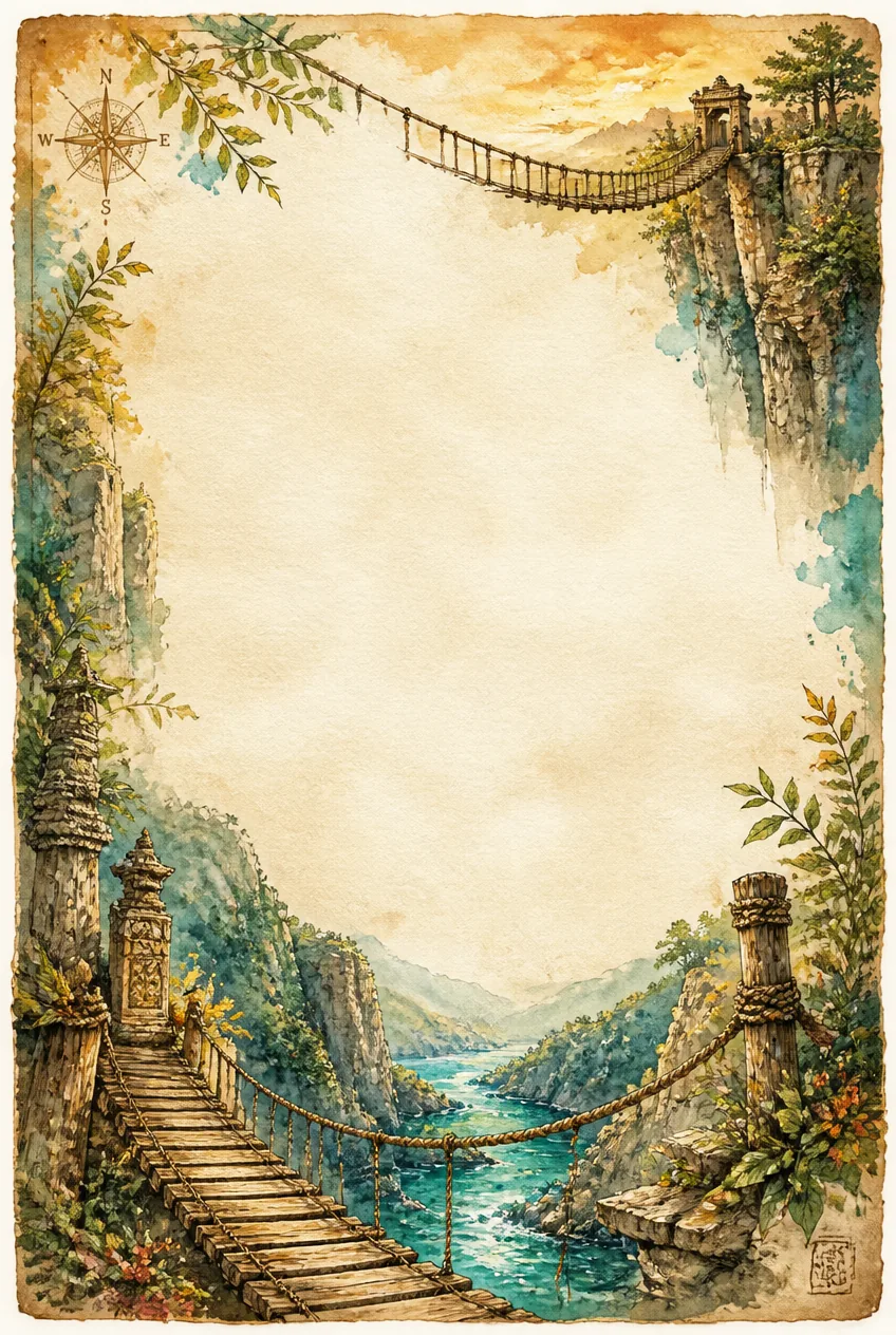 Vintage watercolor stationery border depicting a wooden suspension bridge over a scenic river gorge.