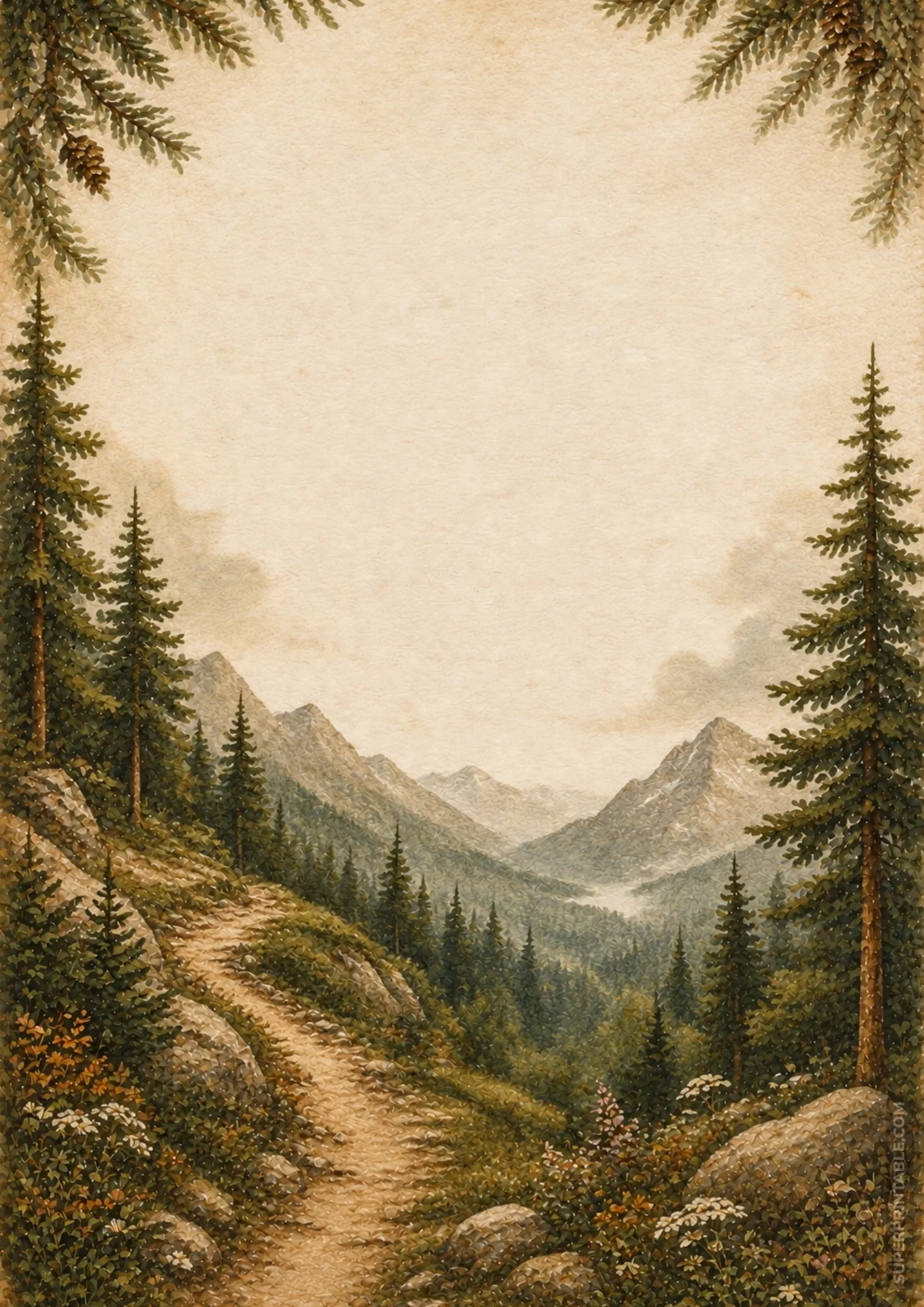 Winding rocky mountain trail stationery border climbing through evergreen evergreen forest.
