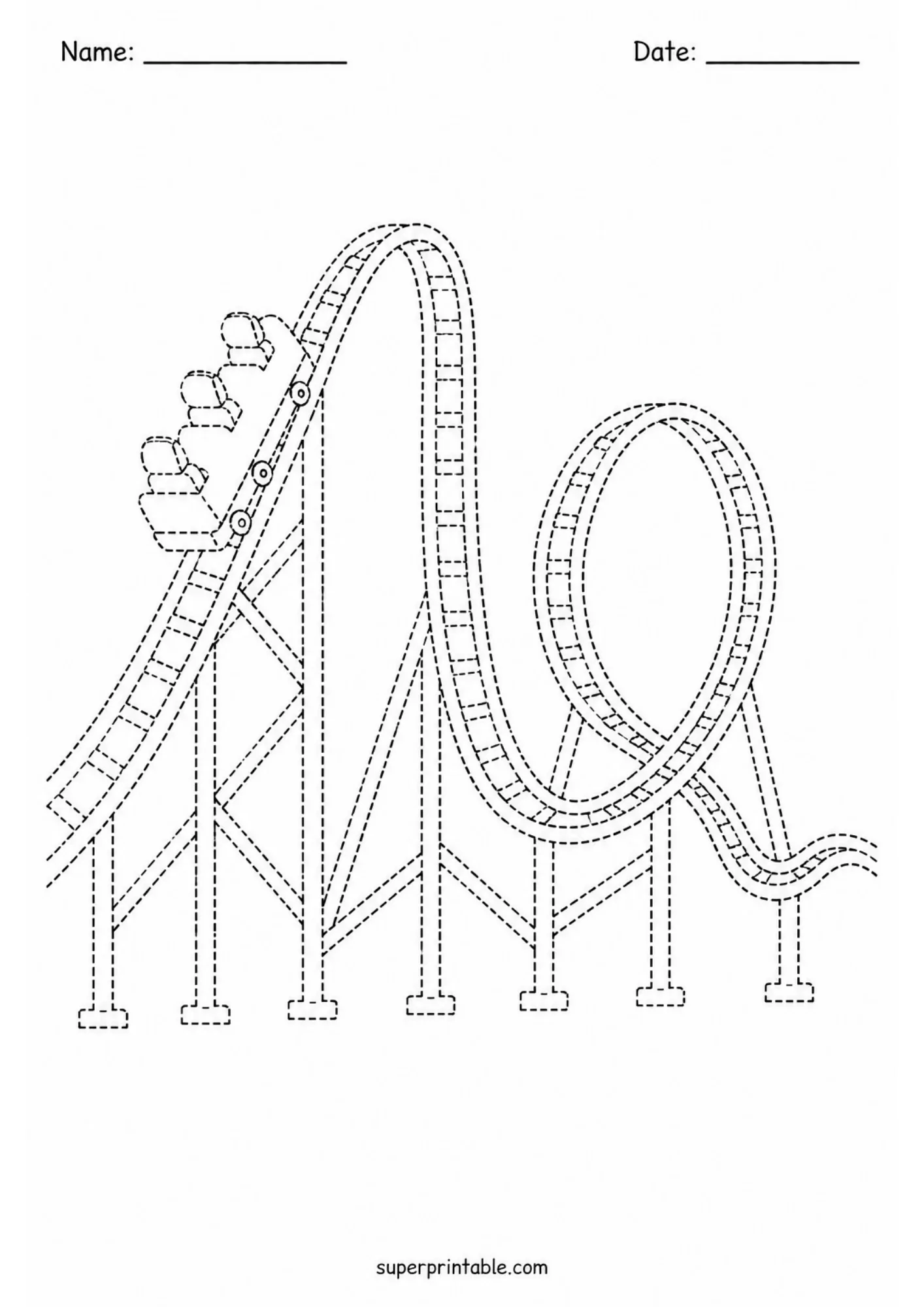 Printable amusement park activity worksheets page featuring a roller coaster track line tracing exercise for kids.
