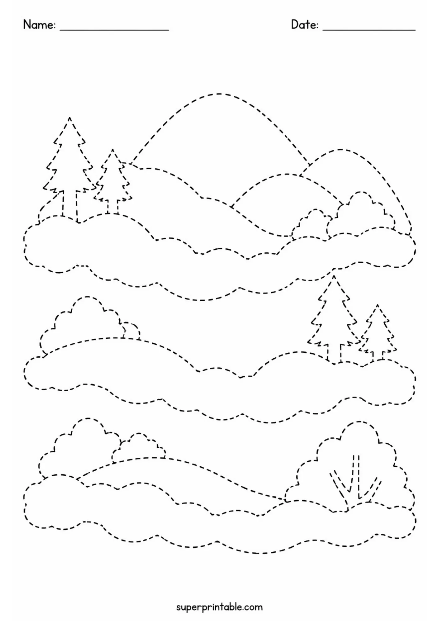 Black and white tracing worksheet showing three horizontal land layers with hills, trees, and bushes in dashed lines.