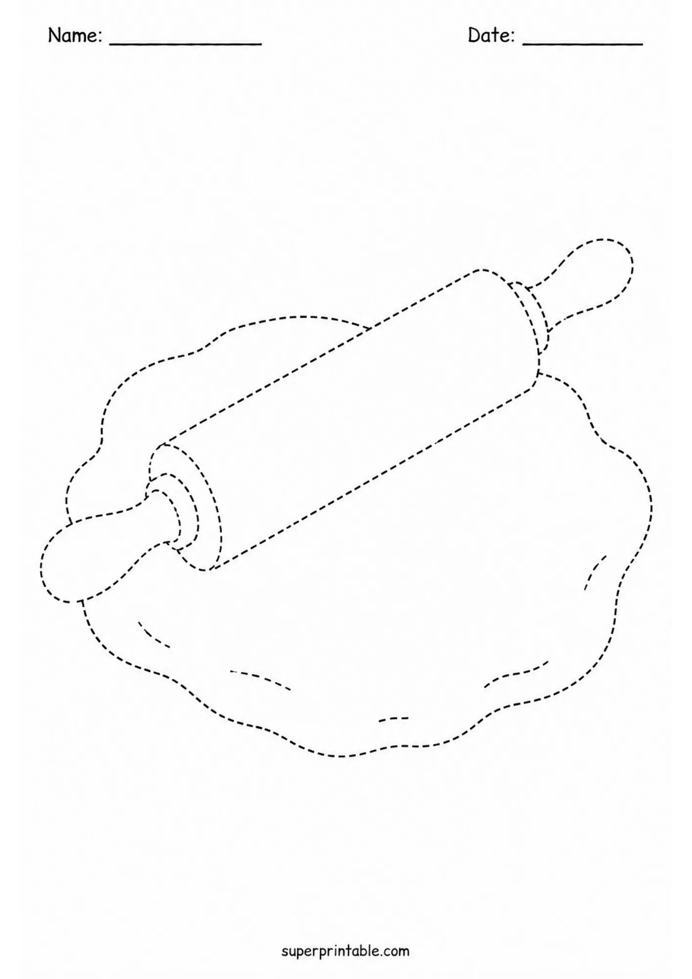 Rolling pin and baking dough line tracing worksheet for early childhood culinary activity sheets.