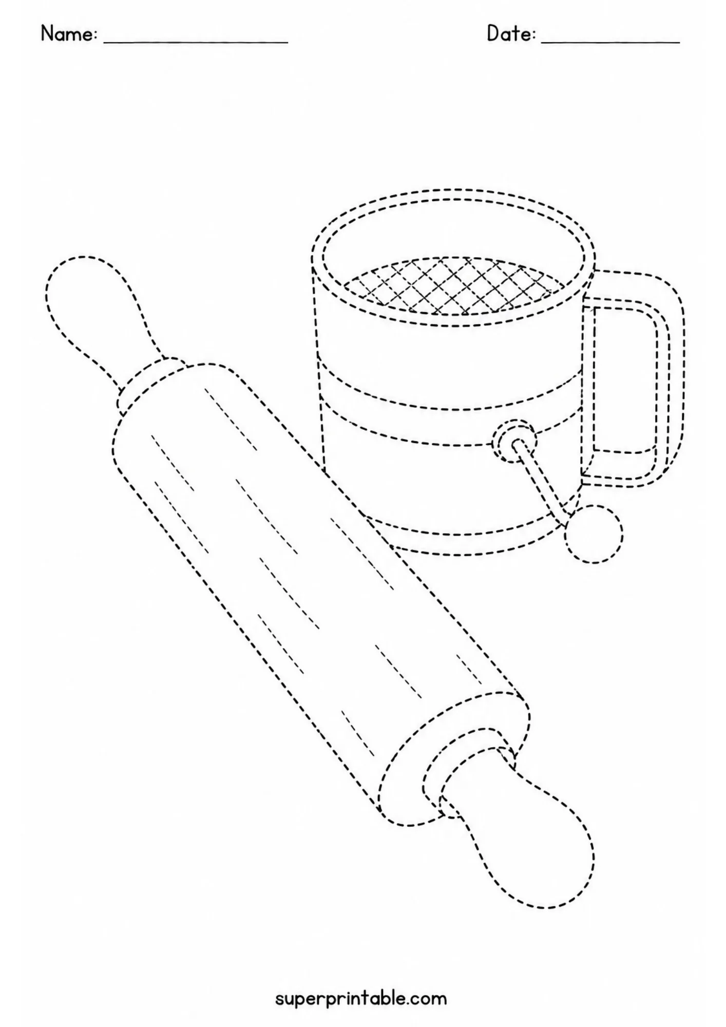 Bakery tools tracing page featuring a rolling pin and flour sifter illustration.