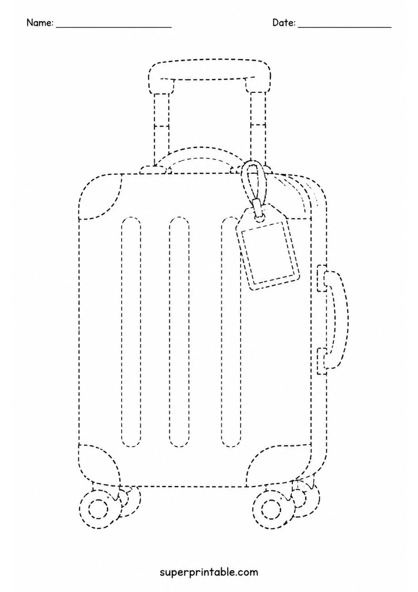 Dashed tracing sheet showing a travel suitcase with wheels and a luggage tag.