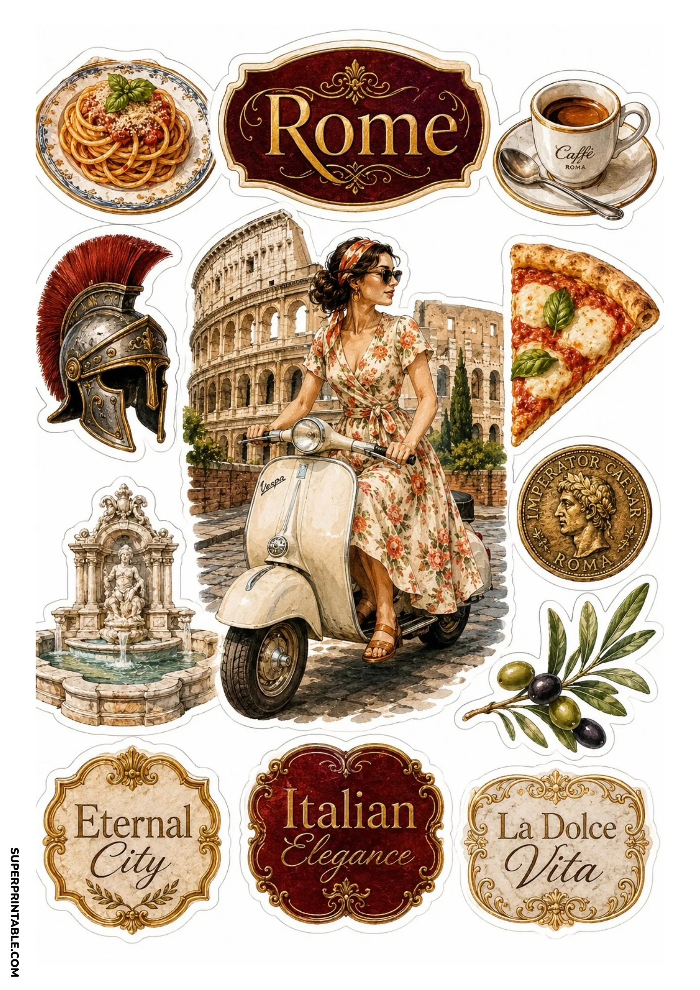 Printable Rome sticker sheet featuring the Colosseum, Vespa scooter, and pizza slice