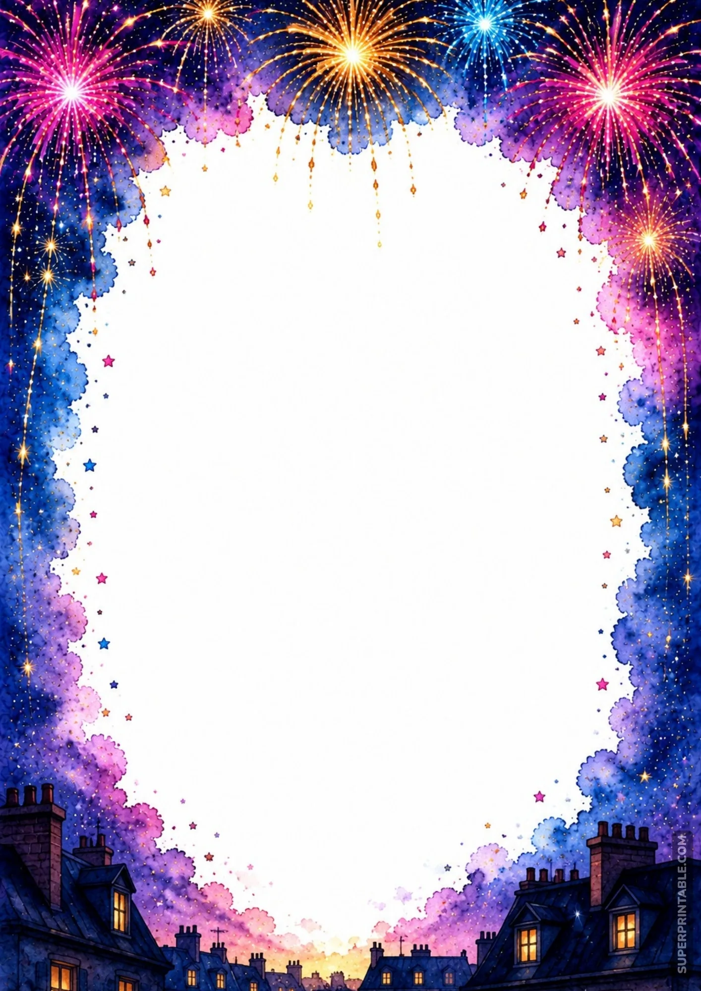 Quiet rooftop silhouette border framing a colorful night sky filled with exploding pyrotechnic displays.