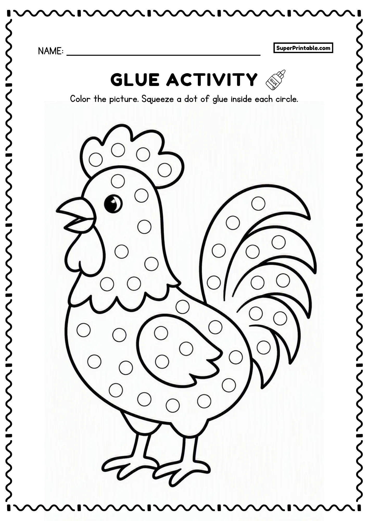 Printable rooster dot glue farm worksheet with tall comb and tail feathers and dot circles