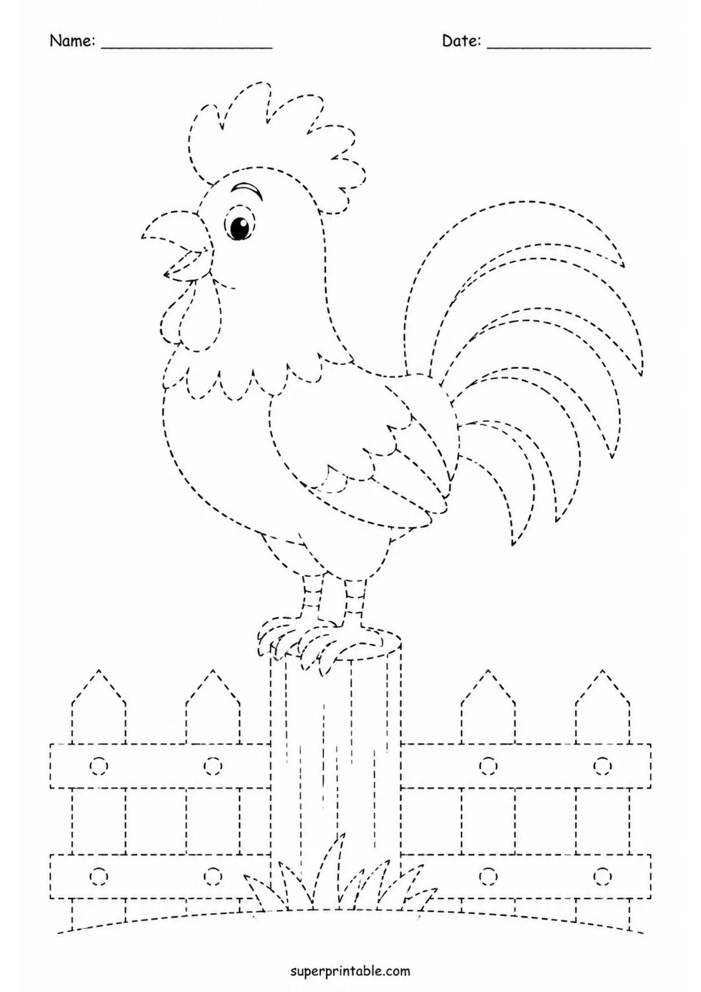 Dashed line tracing sheet depicting a rooster perched on a wooden fence post next to a picket fence.