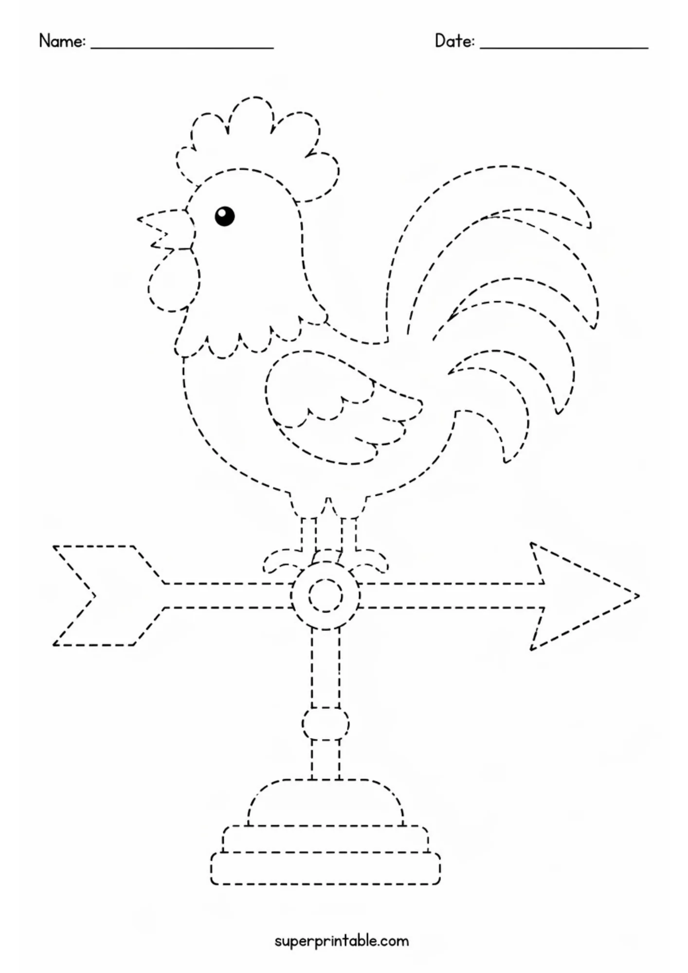 Black and white tracing worksheet of a rooster weather vane pointing with horizontal directional arrows in dashed lines.