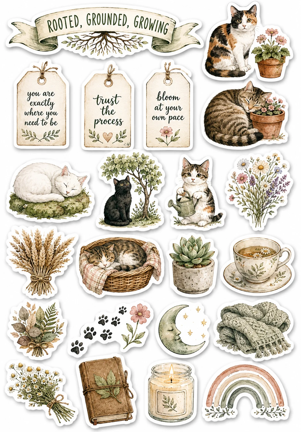 Rooted Grounded Growing Cozy Cat Sheet featuring cozy cats, mental health self-care, mindfulness, and gentle affirmations.