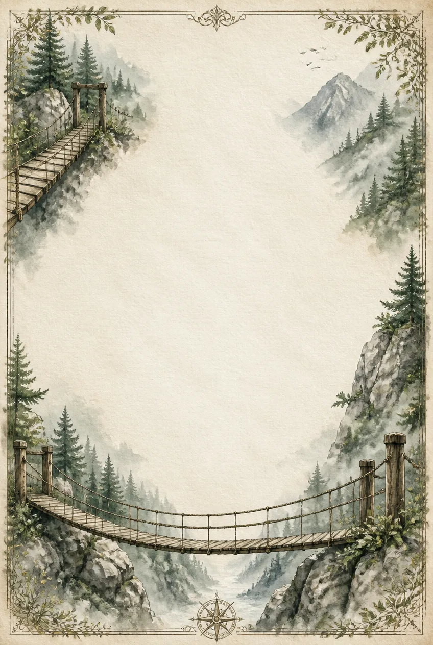 Rope suspension bridge nature border with compass and inspirational wander quote plaque.