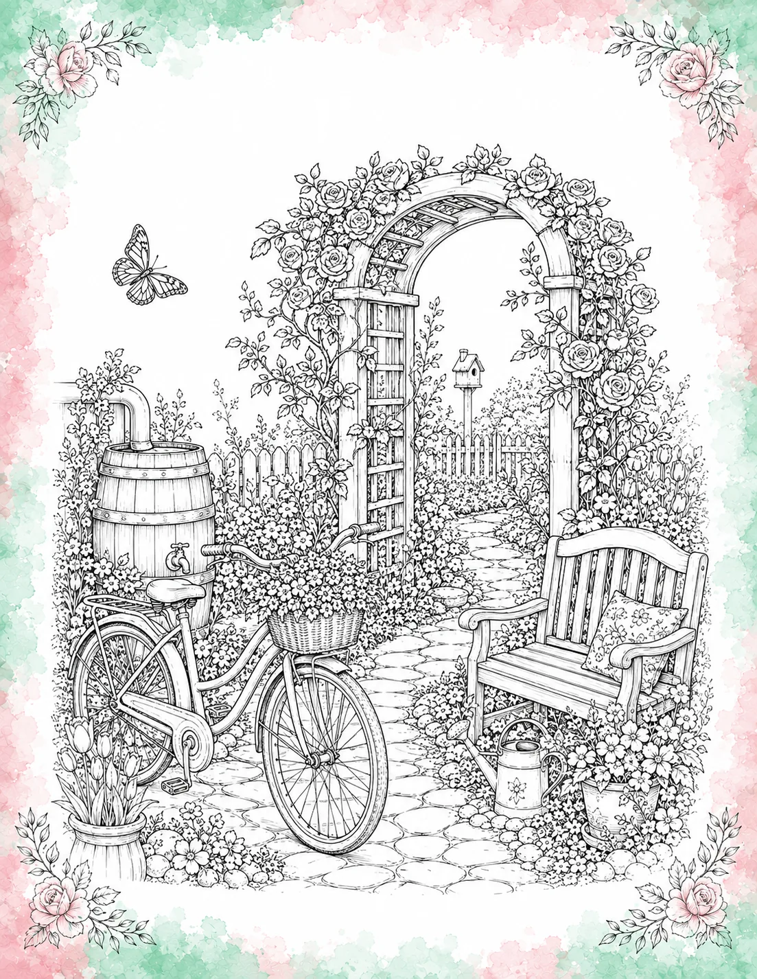 Rose garden archway coloring page featuring a flower-filled trellis, a vintage bicycle with a flower basket, a wooden bench, and a butterfly inside a pink border.