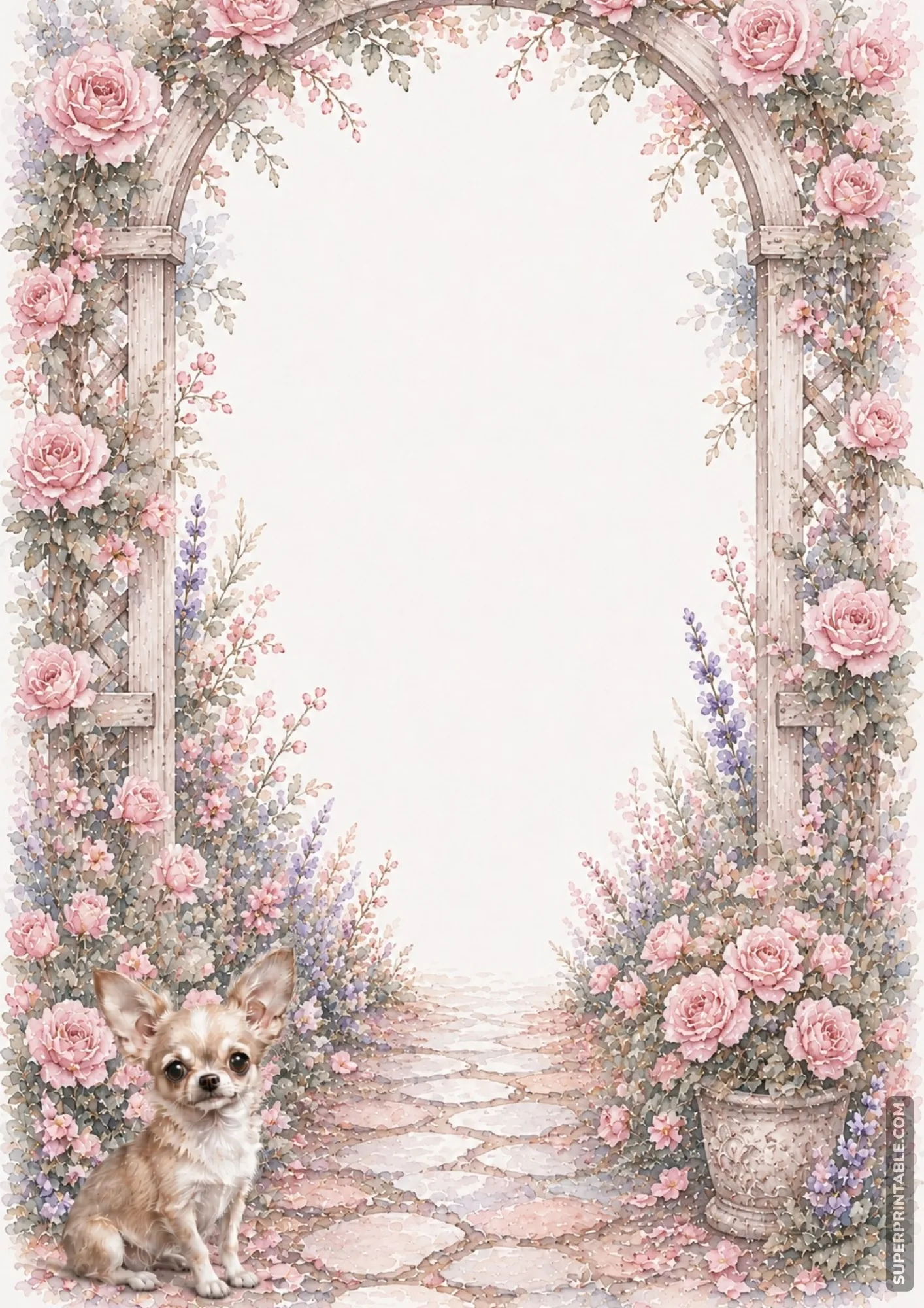 Soft pink rose garden arbor border with a small tan chihuahua on a cobblestone path